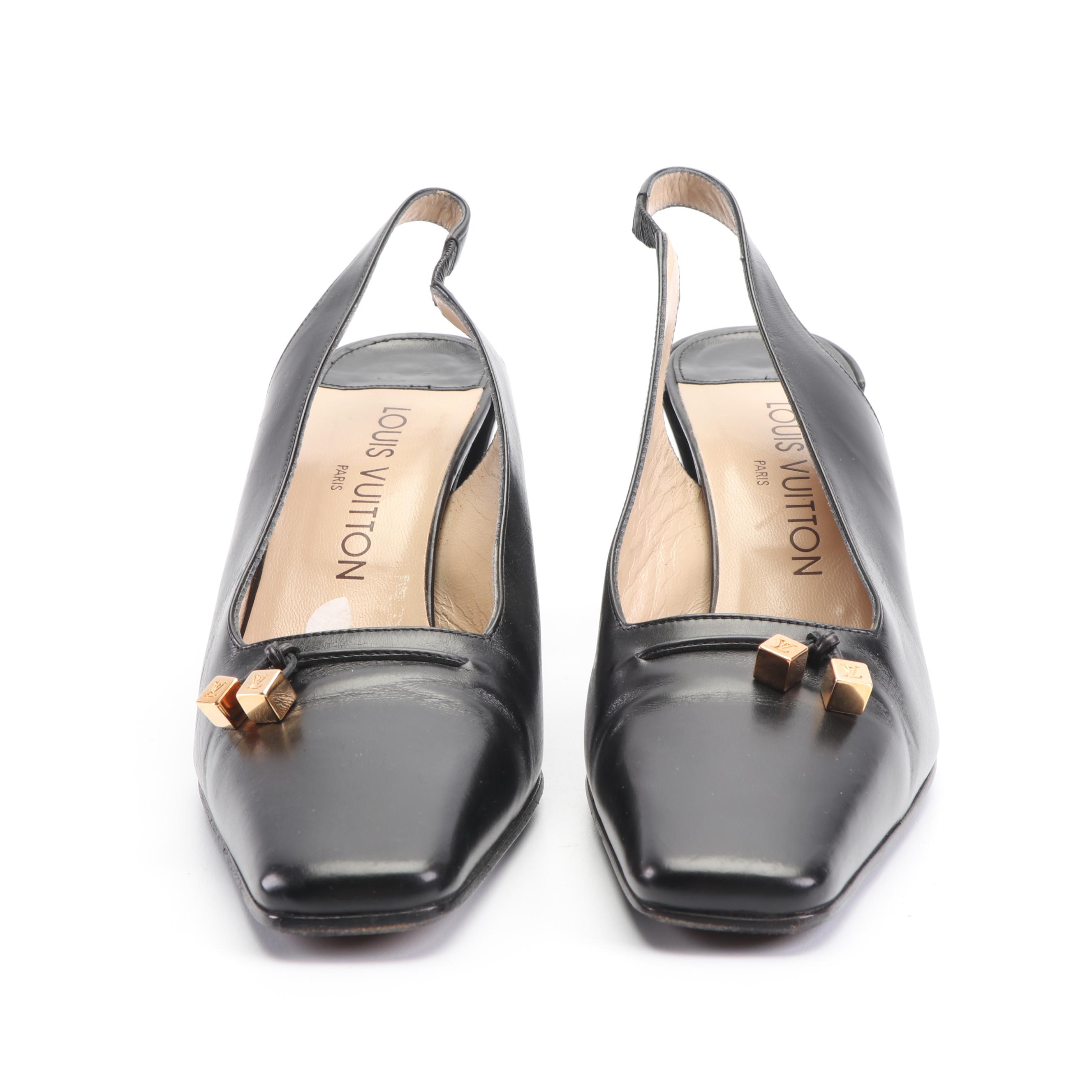 Louis Vuitton Black Leather Sling Back Square Toed Pumps with LV Dice Accents