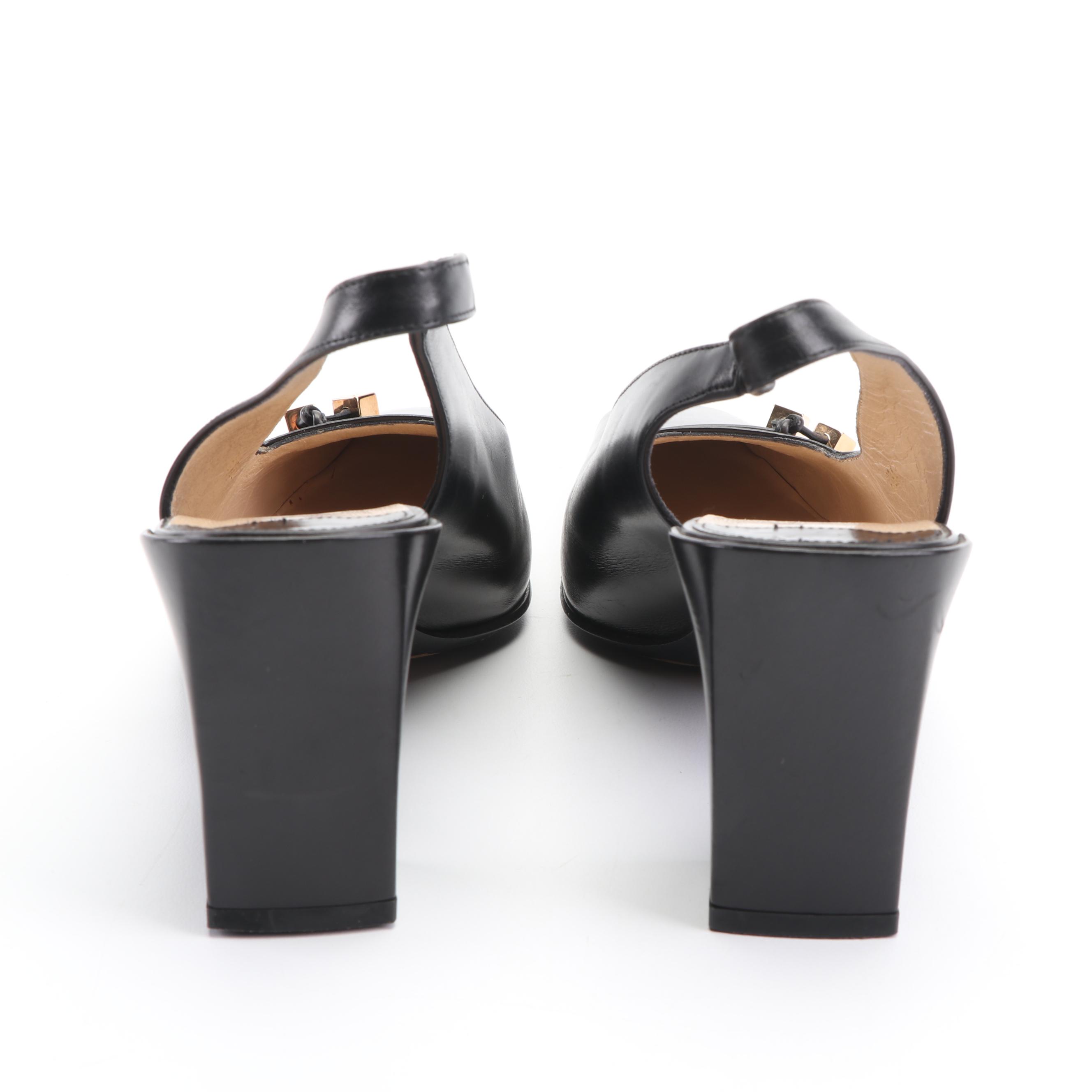 Louis Vuitton Black Leather Sling Back Square Toed Pumps with LV Dice Accents