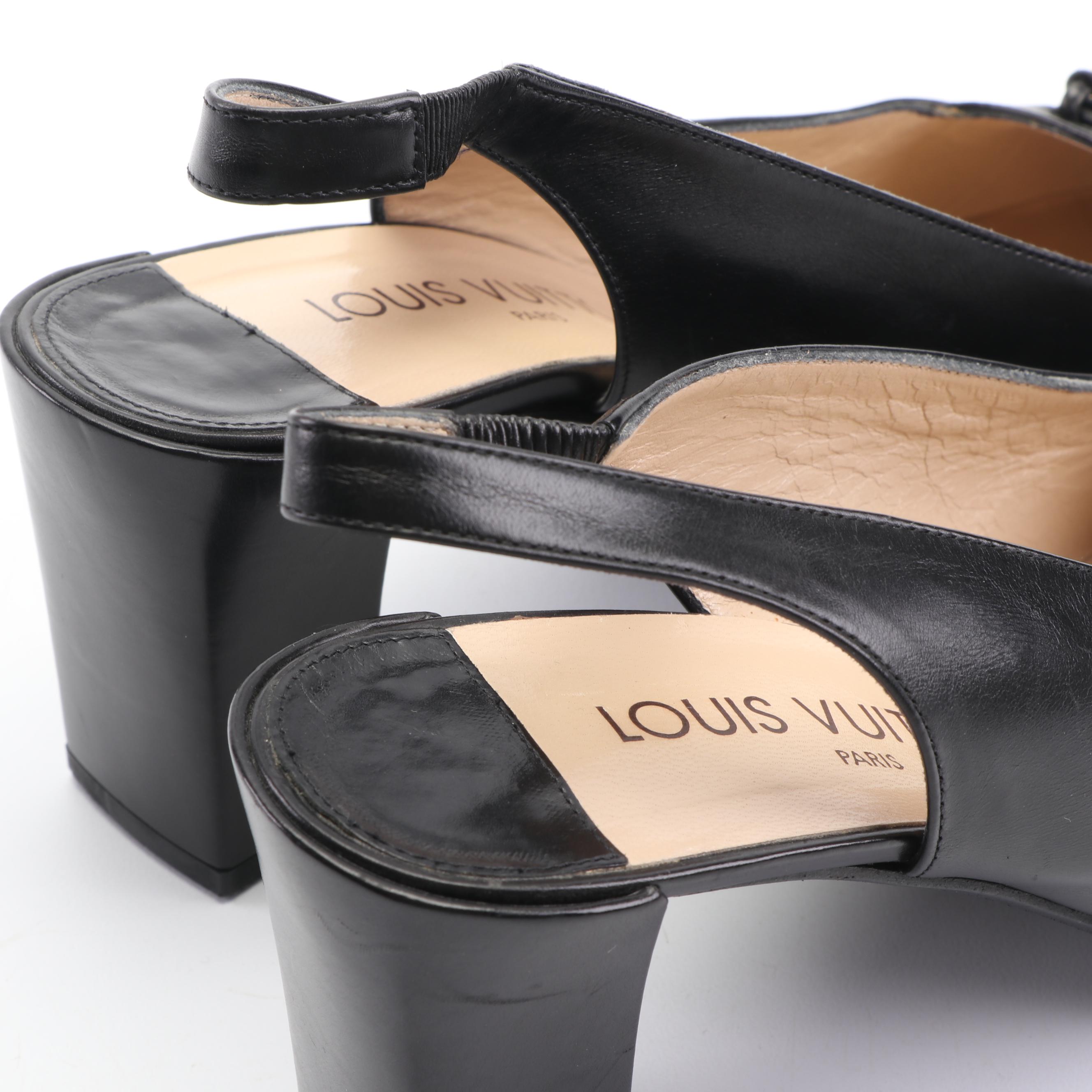 Louis Vuitton Black Leather Sling Back Square Toed Pumps with LV Dice Accents