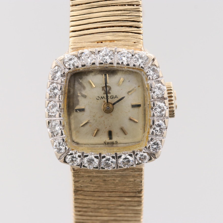 Omega 14K Yellow Gold Wristwatch With Diamond Bezel