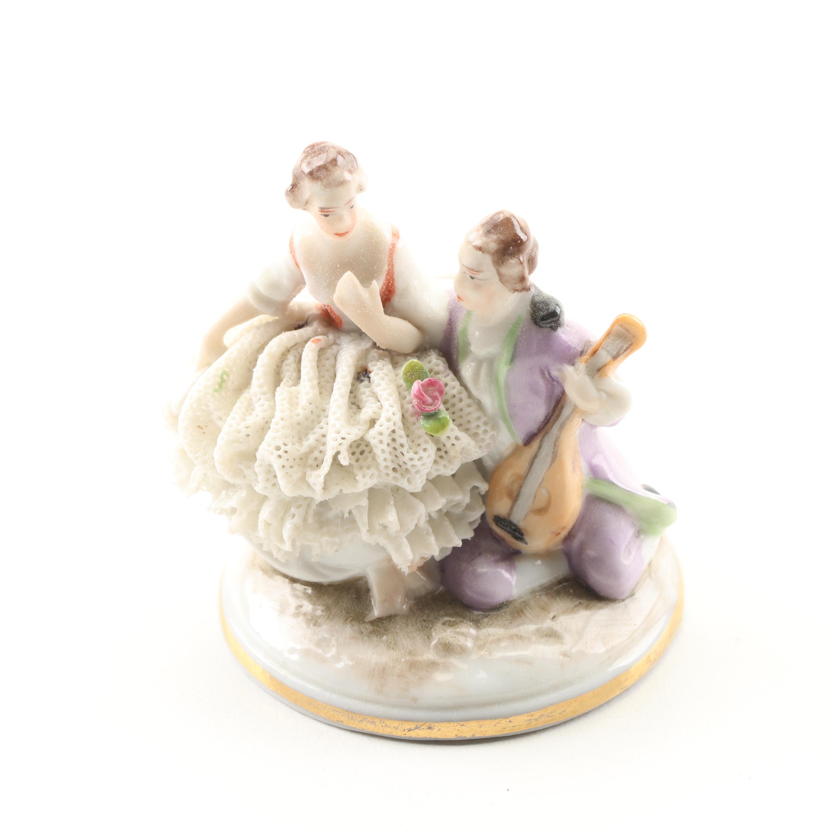 Painted Porcelain Figurines Including Dresden Lace,  Mid-20th Century
