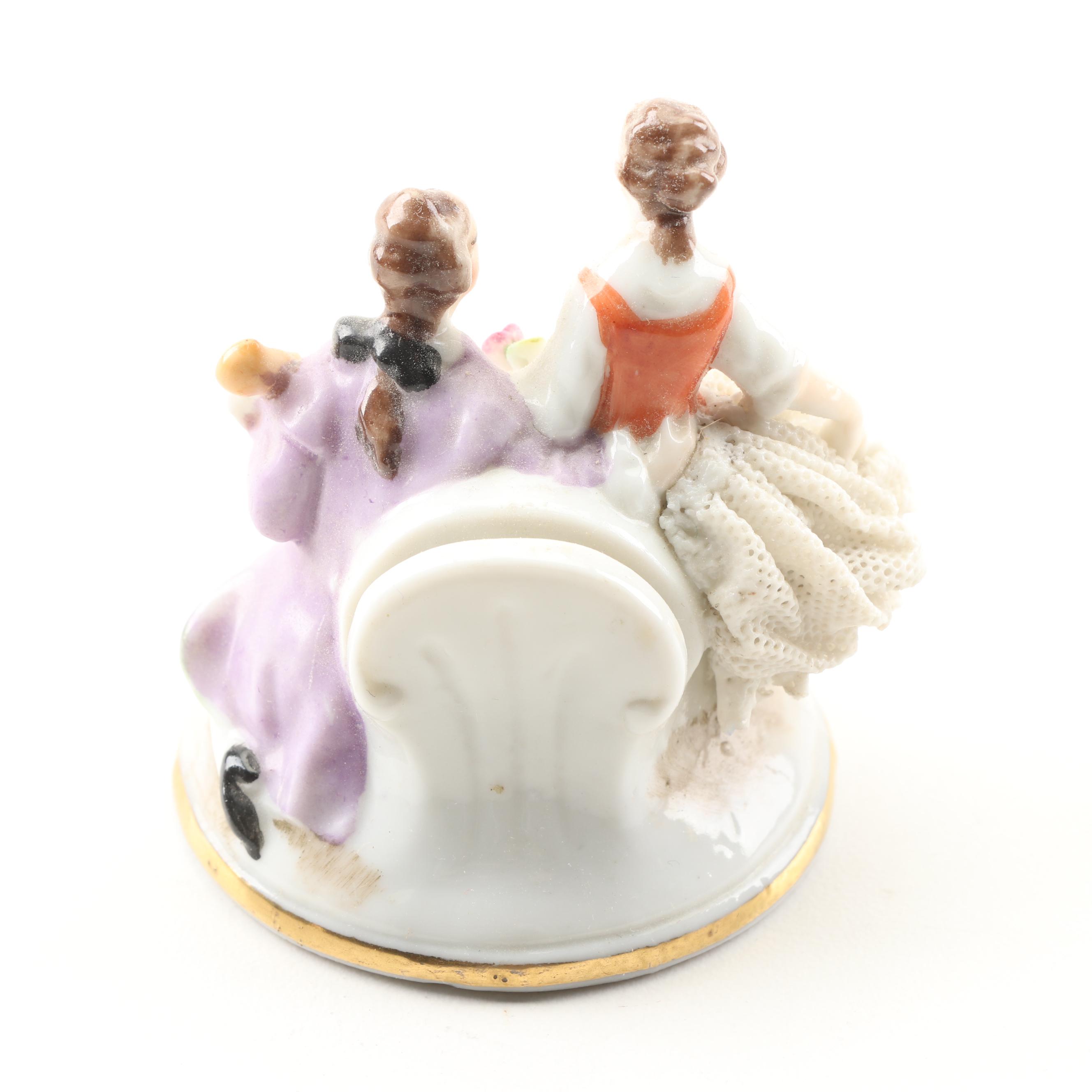 Painted Porcelain Figurines Including Dresden Lace,  Mid-20th Century