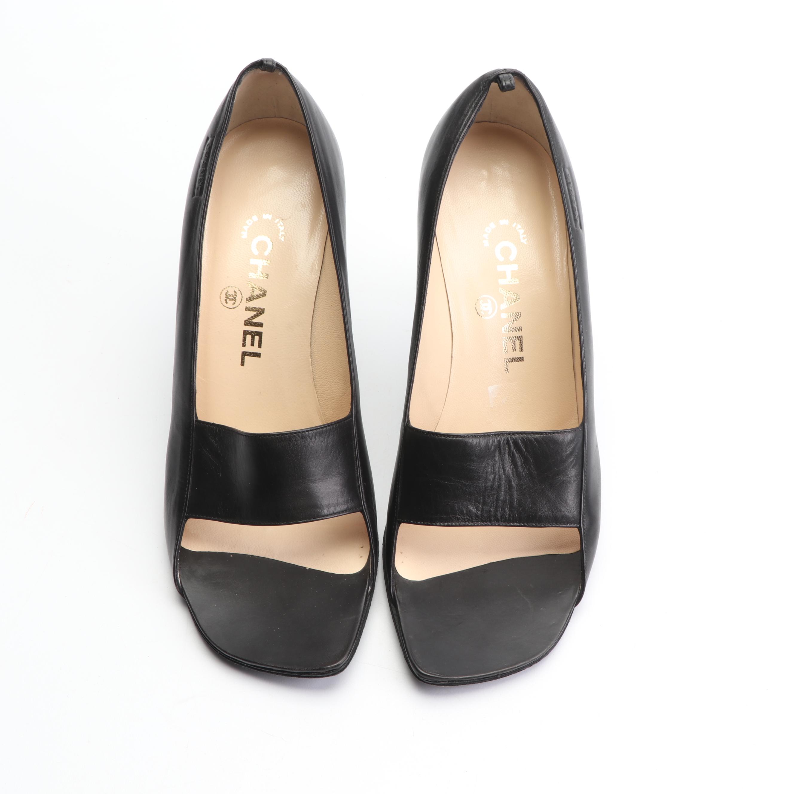 Chanel Black Leather Open-Toe Pumps with Lucite Heels