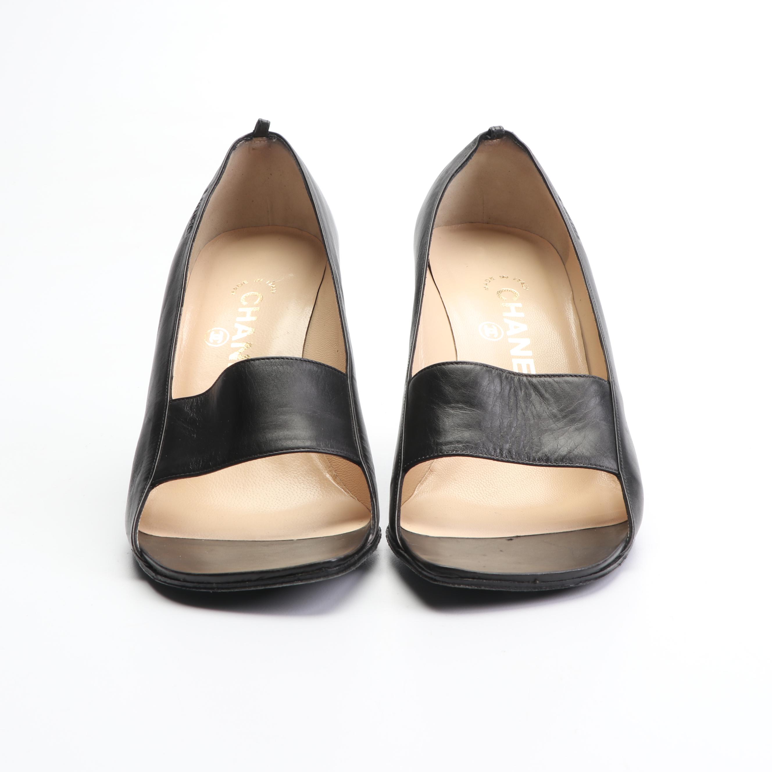 Chanel Black Leather Open-Toe Pumps with Lucite Heels