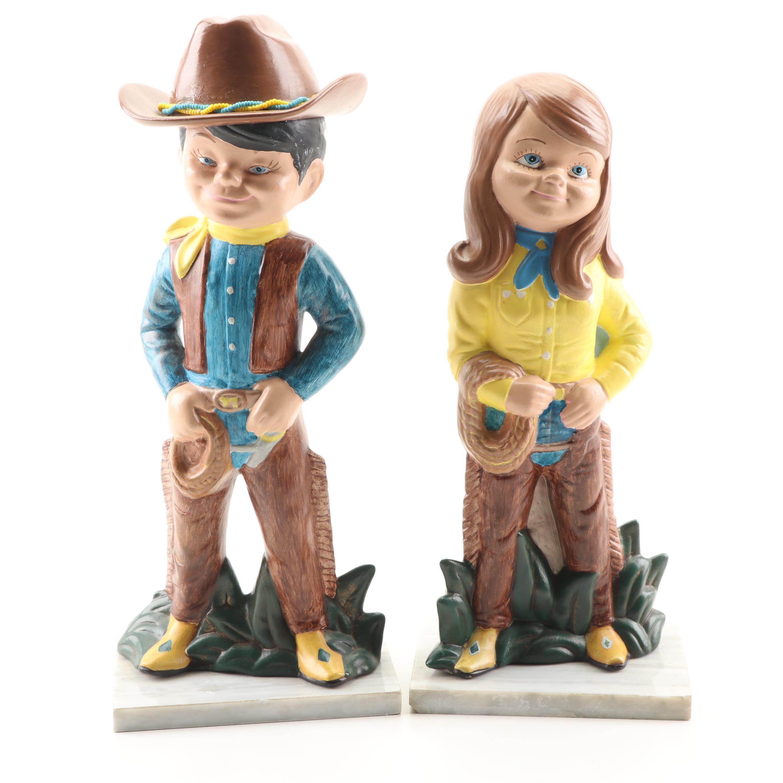 Hand-Painted Western Themed Ceramic Figurines on Marble Bases