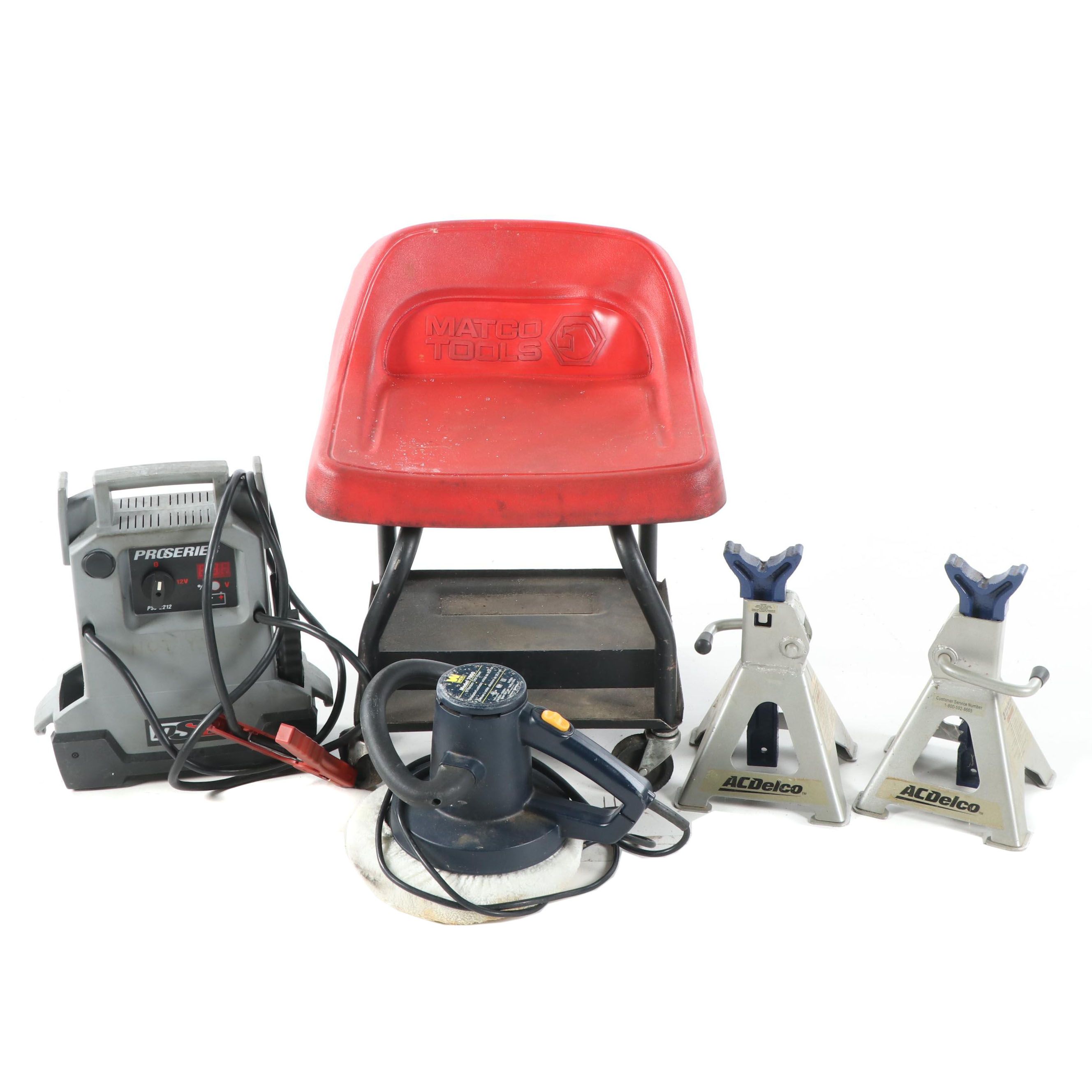 Matco Rolling Seat, AC Delco Three Ton Jack Stands, DSR Battery Charger and More