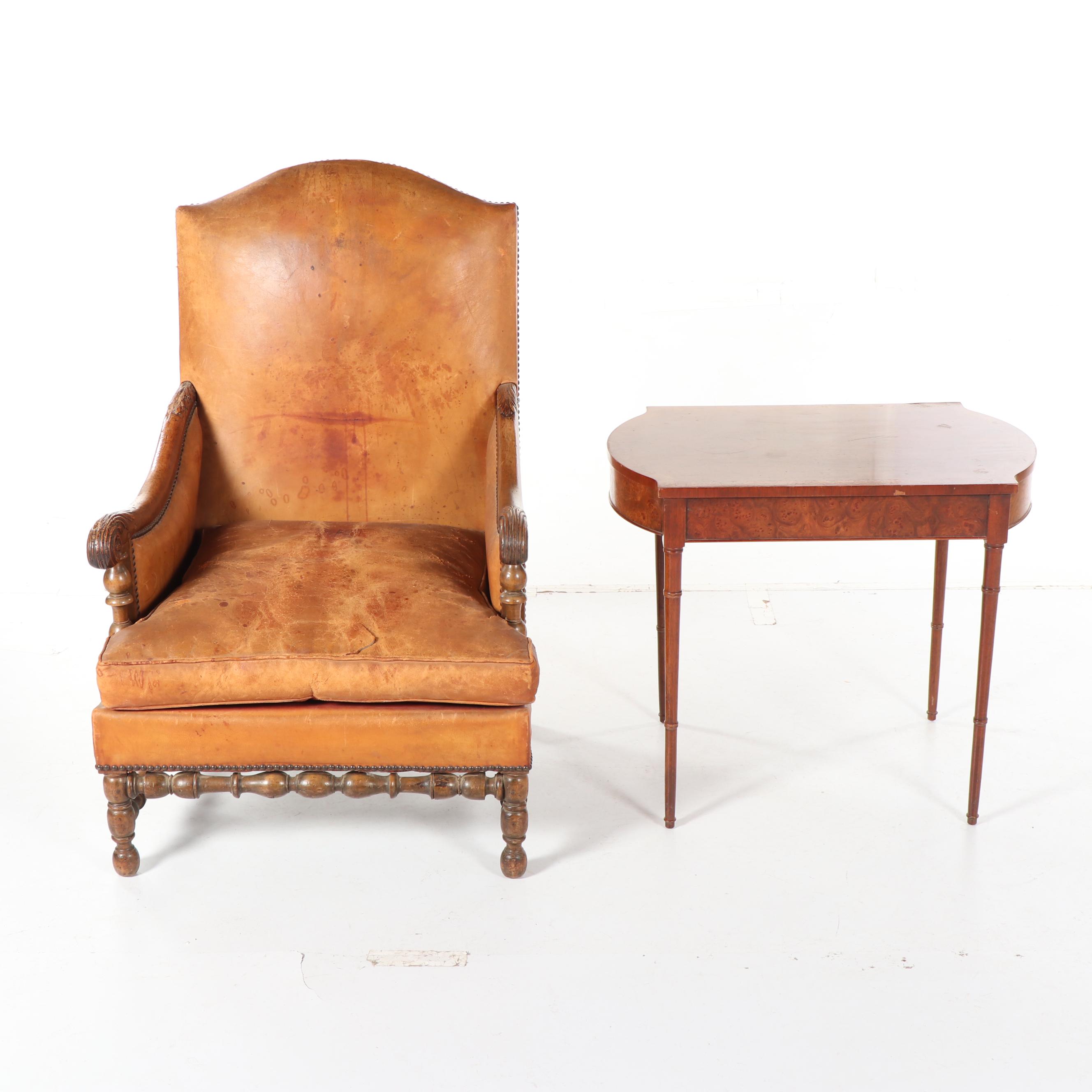 Louis XIII Style Leather Armchair & Turtle Top Wood and Laminate Side Table, 20C