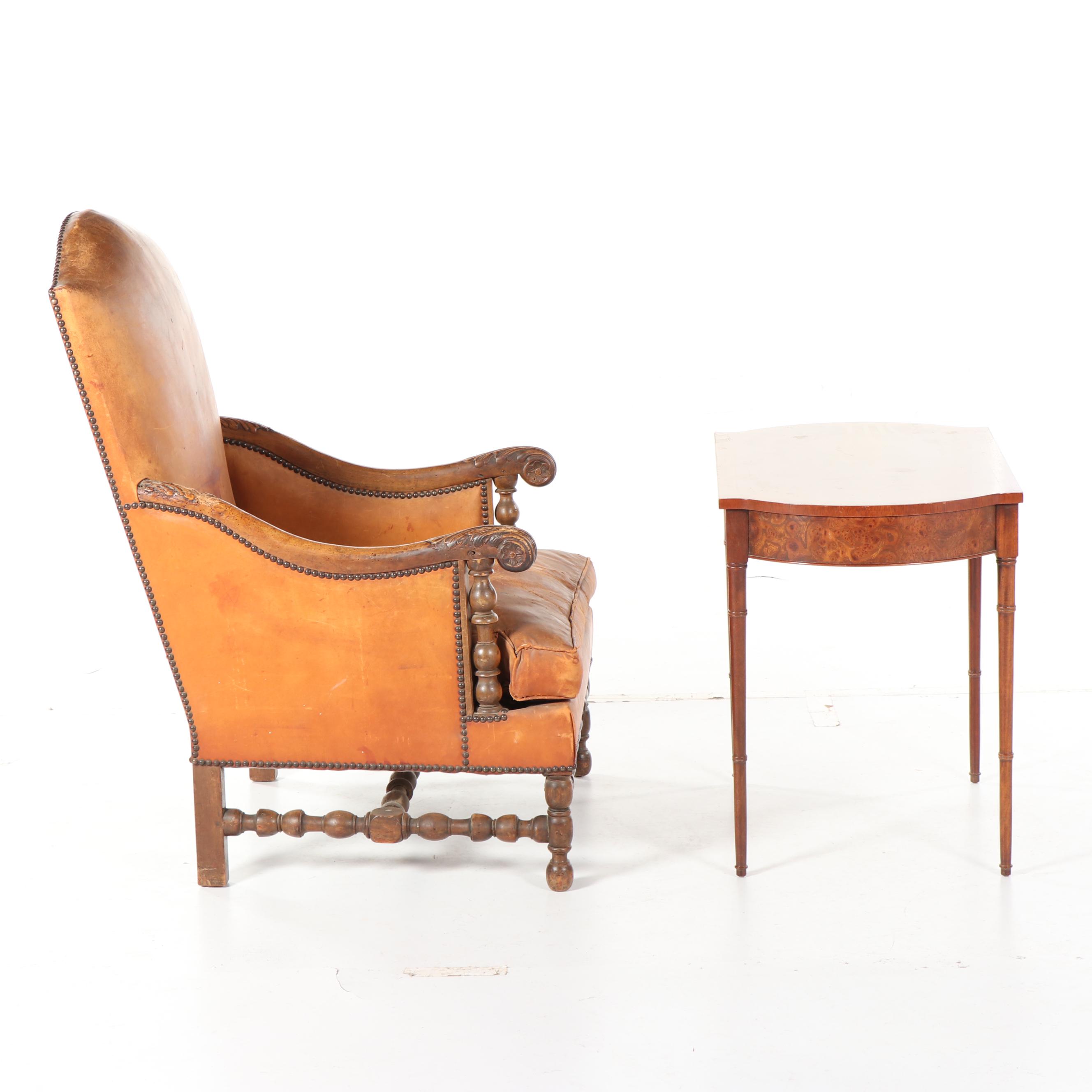 Louis XIII Style Leather Armchair & Turtle Top Wood and Laminate Side Table, 20C