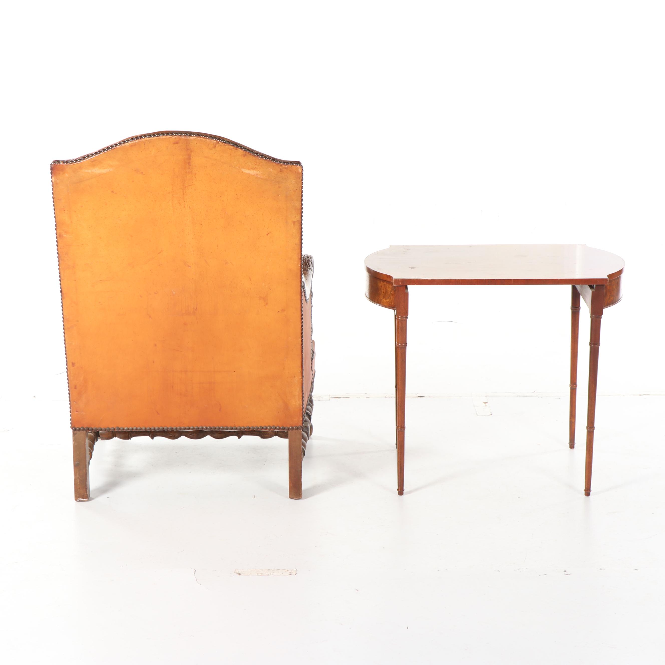 Louis XIII Style Leather Armchair & Turtle Top Wood and Laminate Side Table, 20C