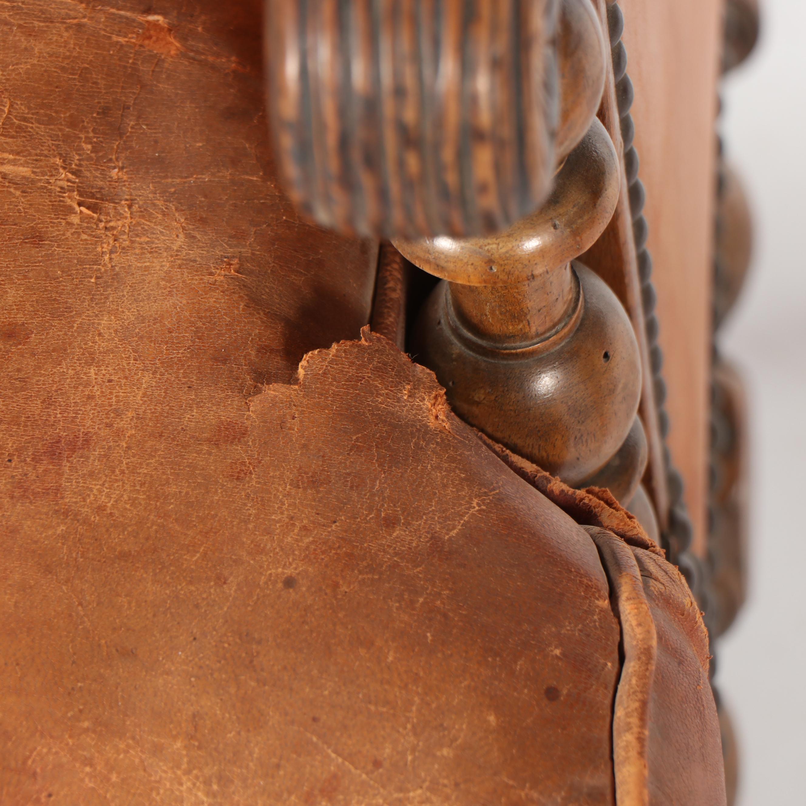 Louis XIII Style Leather Armchair & Turtle Top Wood and Laminate Side Table, 20C