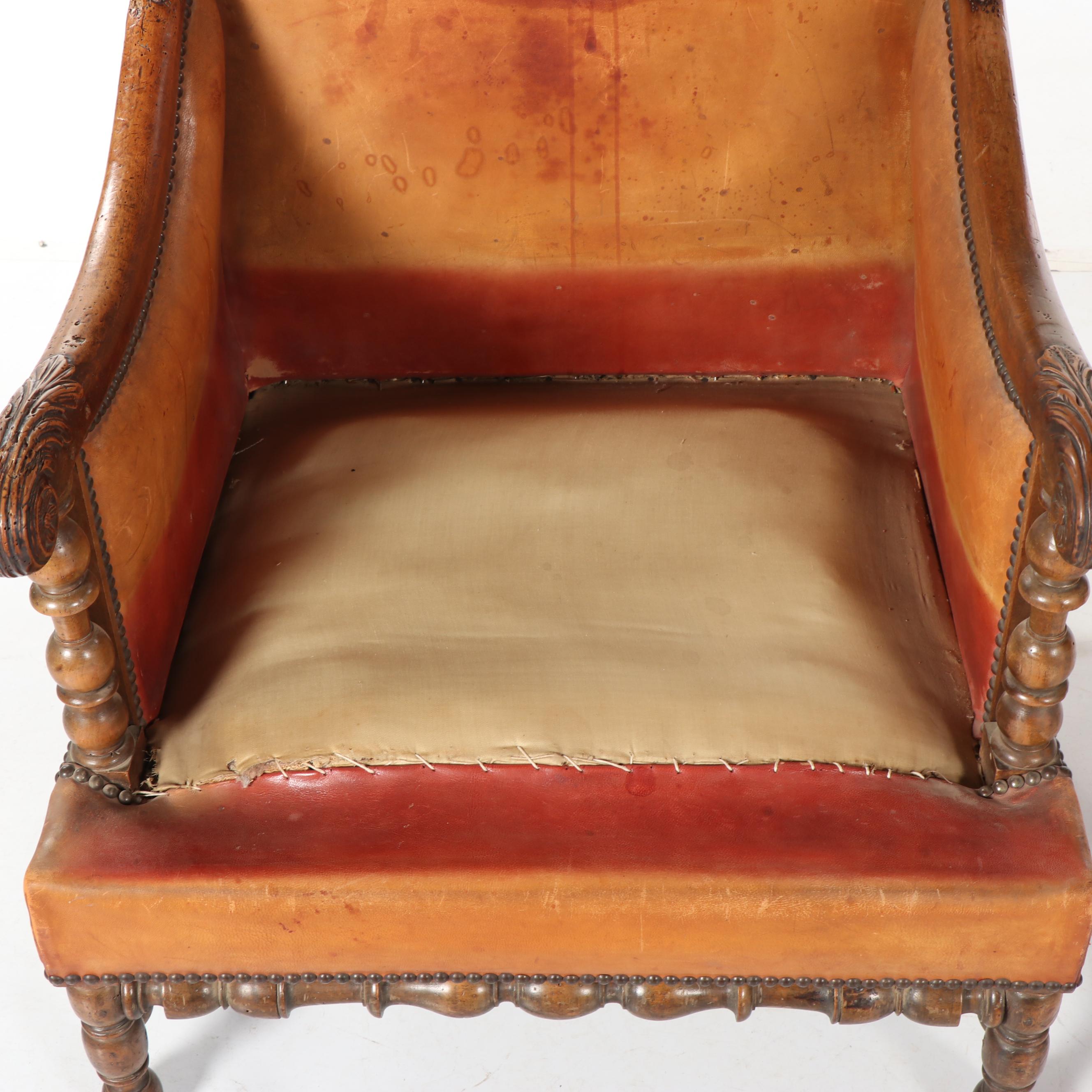 Louis XIII Style Leather Armchair & Turtle Top Wood and Laminate Side Table, 20C