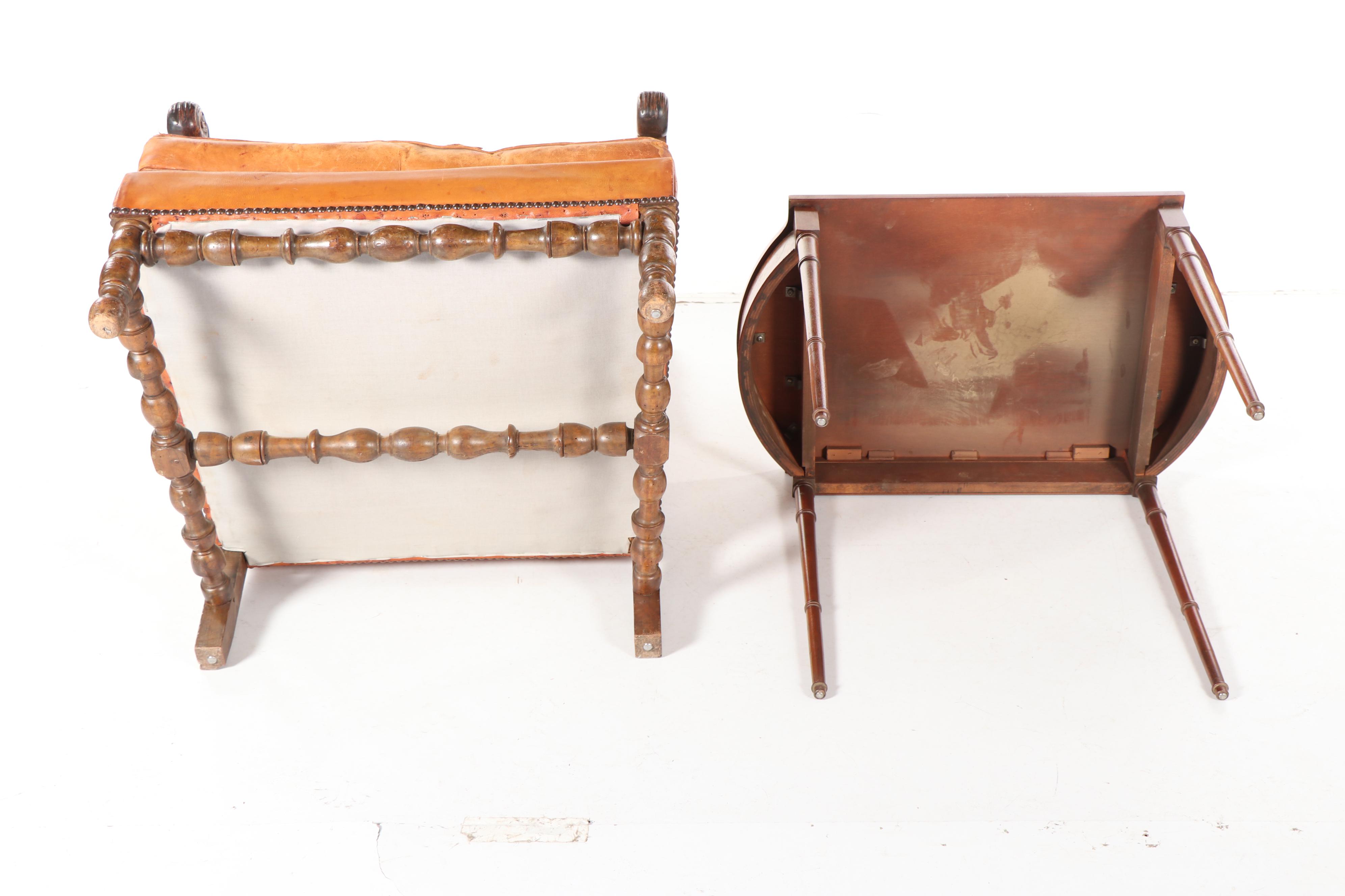 Louis XIII Style Leather Armchair & Turtle Top Wood and Laminate Side Table, 20C