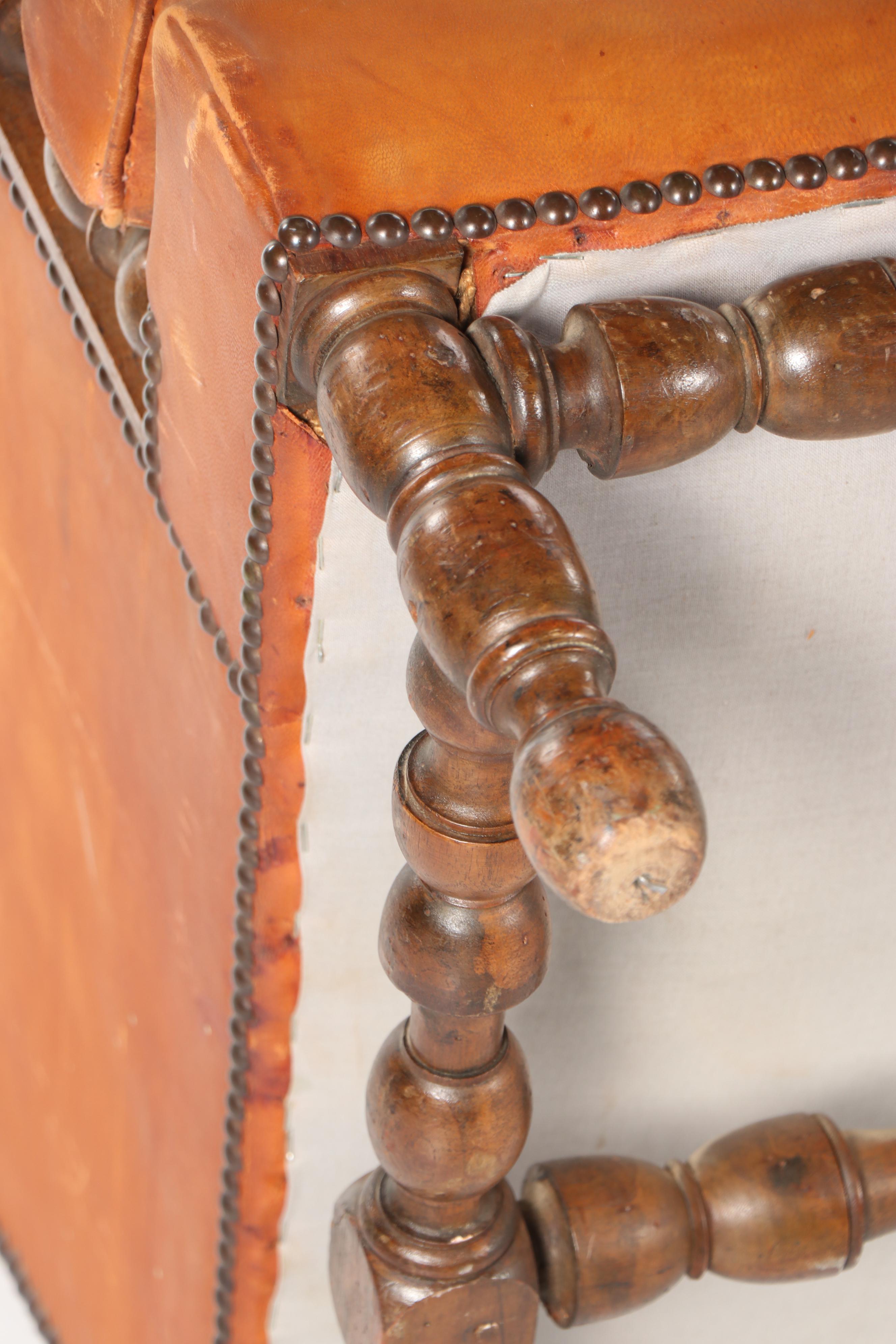 Louis XIII Style Leather Armchair & Turtle Top Wood and Laminate Side Table, 20C