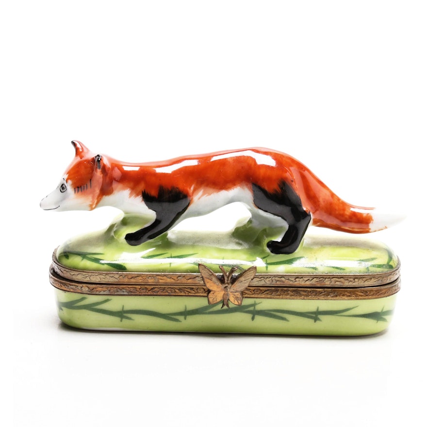 Limoges Hand-Painted Porcelain Figural Fox Trinket Box