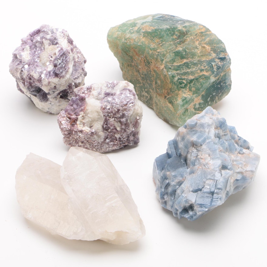 Quartz, Green Fluorite, Grape Lepidolite, and Blue Calcite Mineral Specimens