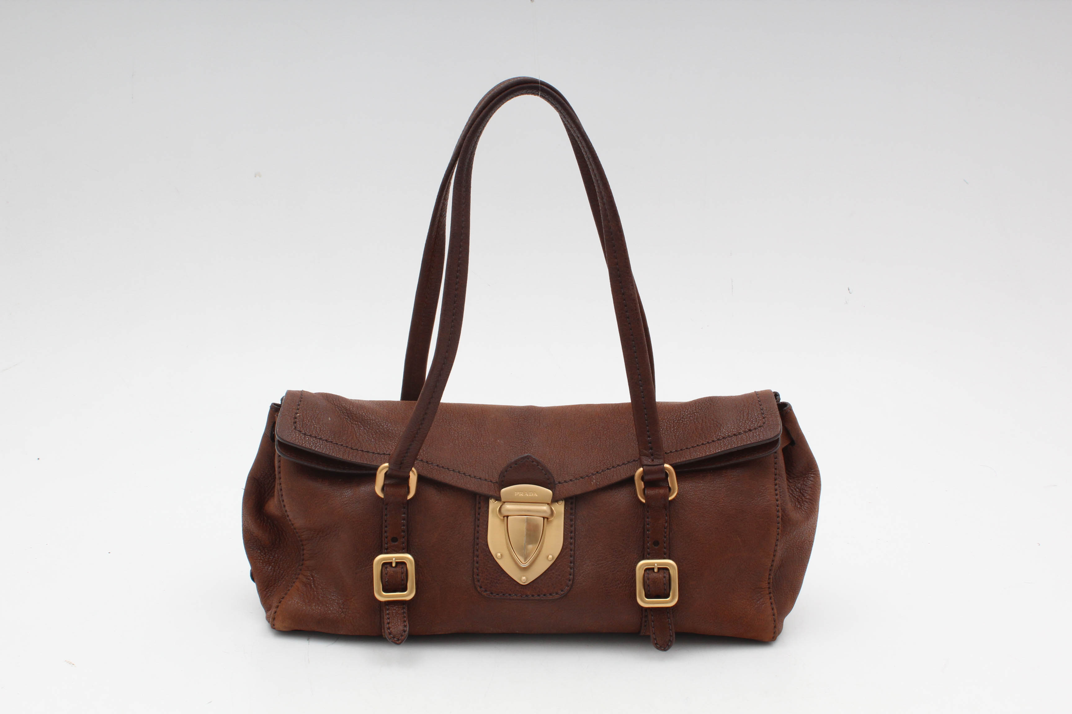 Prada Brown Leather Foldover Pushlock Shoulder Bag