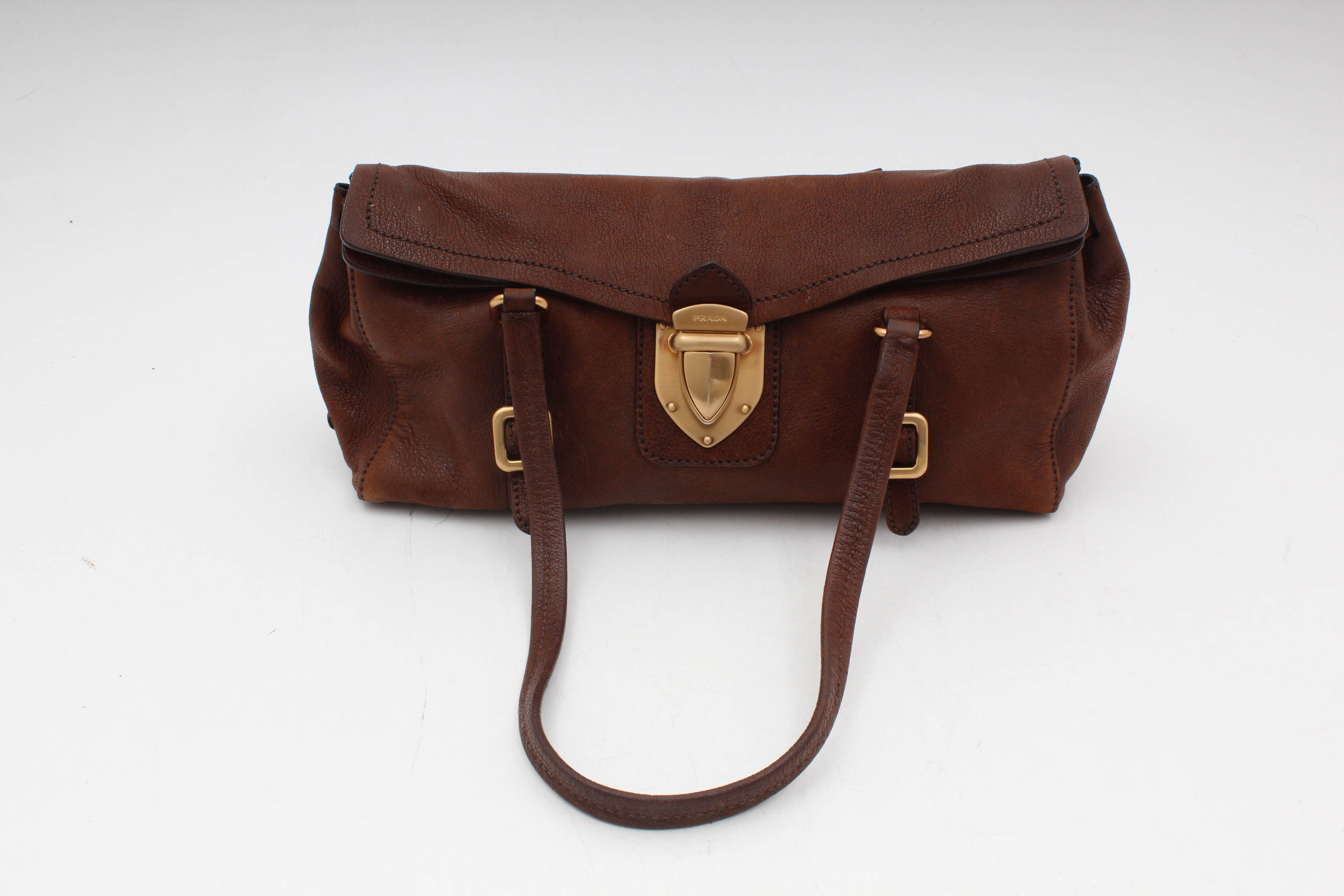 Prada Brown Leather Foldover Pushlock Shoulder Bag