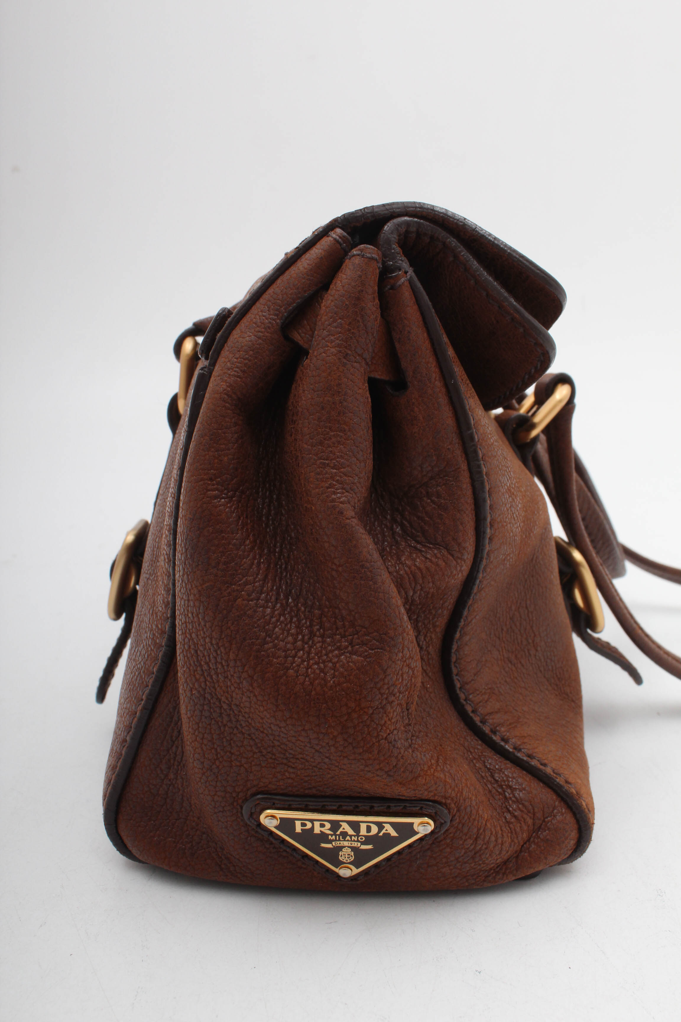 Prada Brown Leather Foldover Pushlock Shoulder Bag