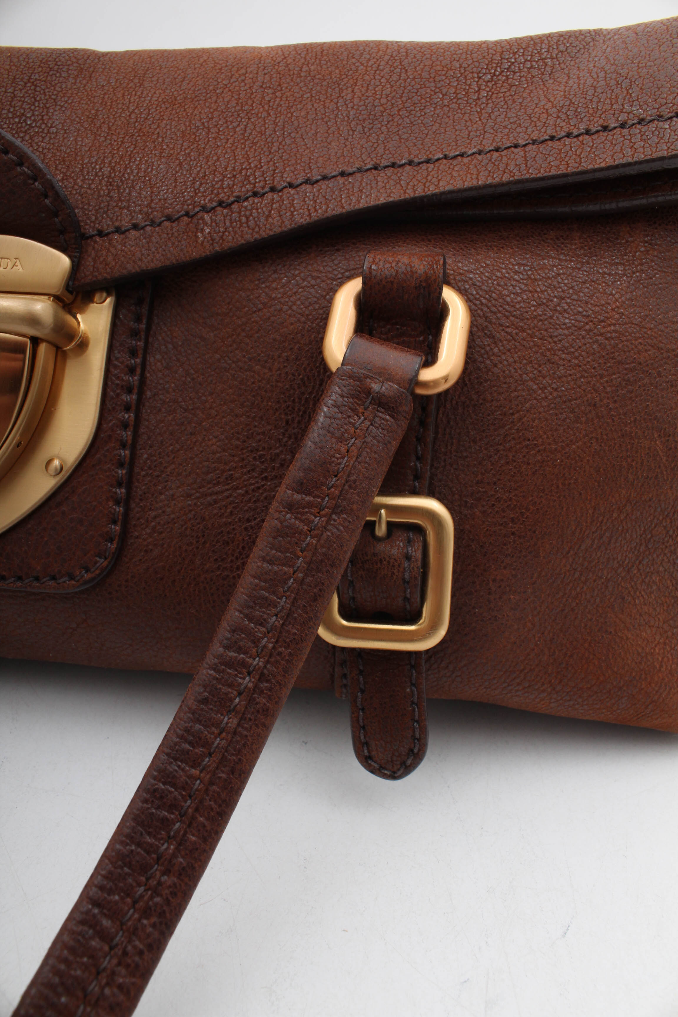 Prada Brown Leather Foldover Pushlock Shoulder Bag