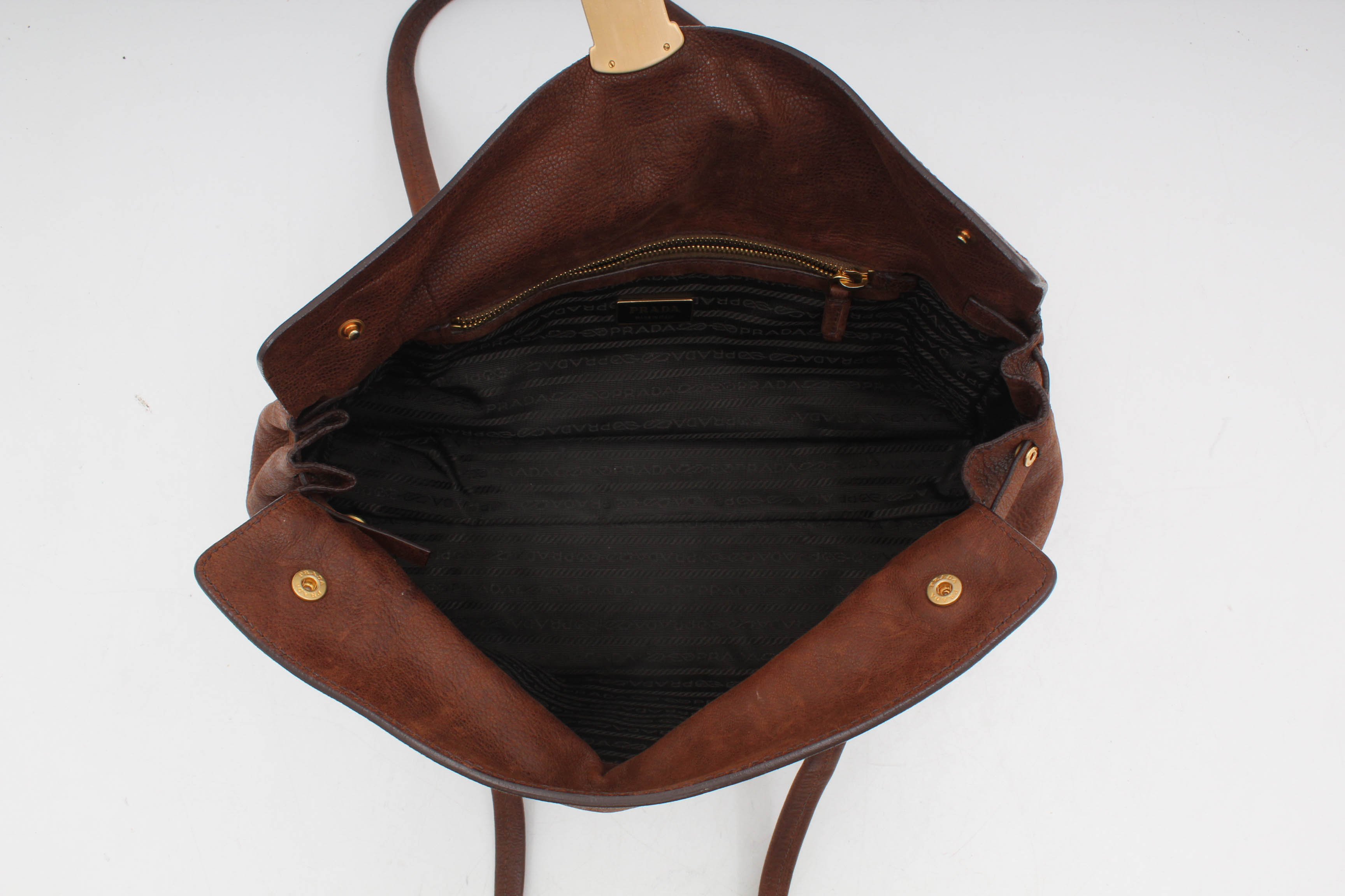 Prada Brown Leather Foldover Pushlock Shoulder Bag