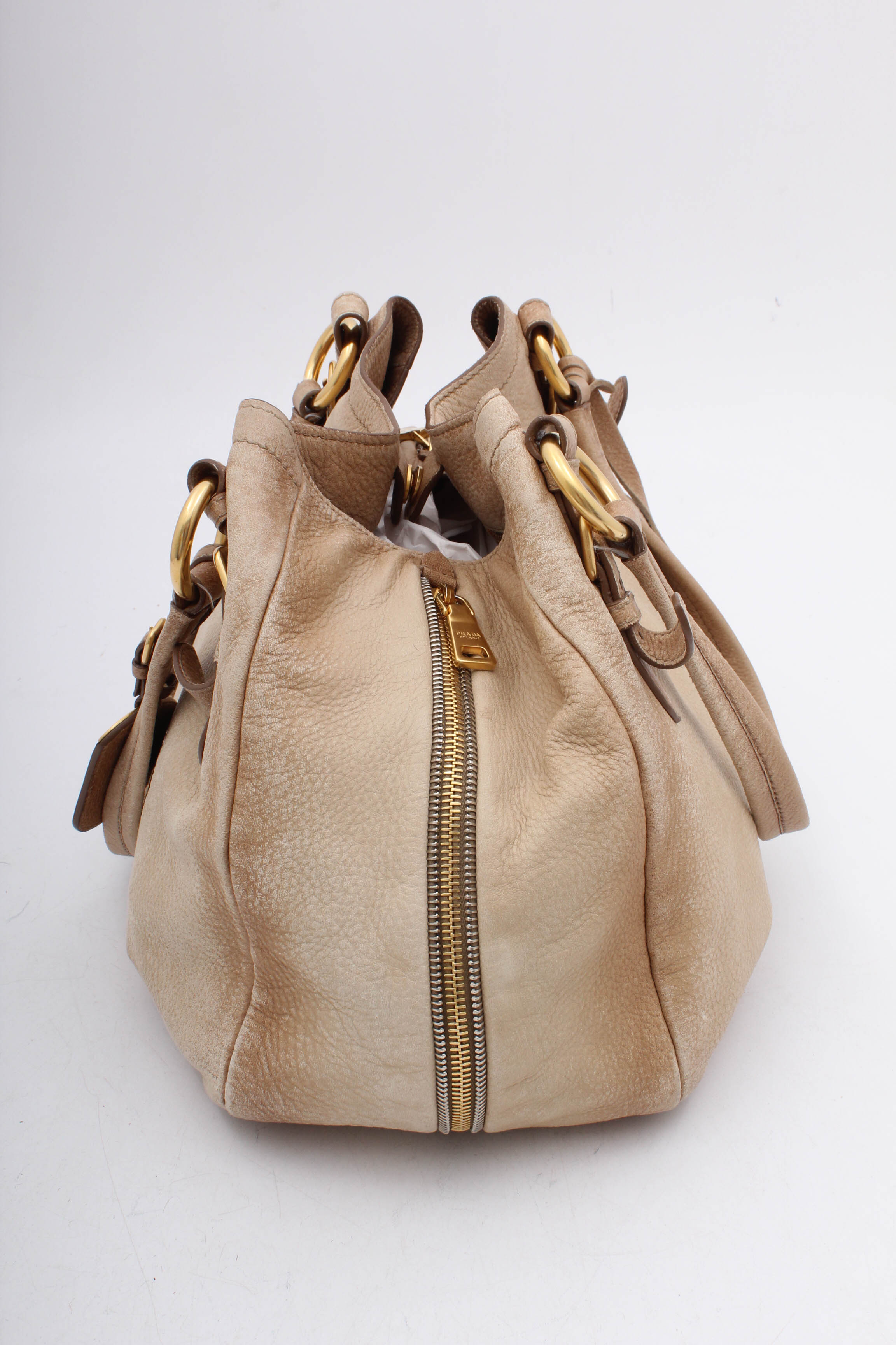 PRADA Cervo Antik Deerskin Sacca 2 Manici Hobo Bag in Quarzo Sfumato
