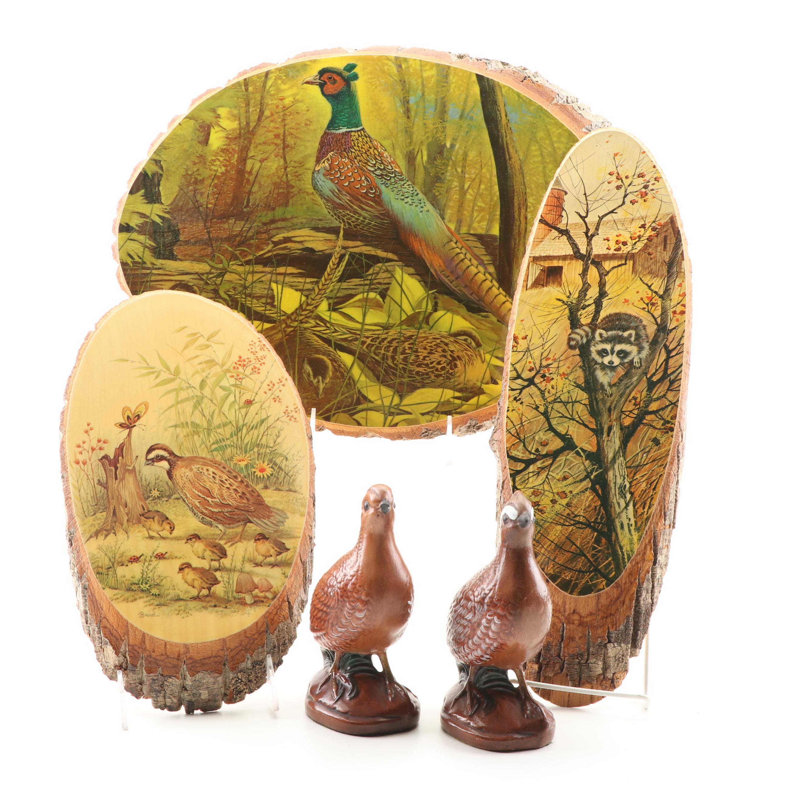 Chalkware Quail Figurines and Decorative Lacquered Wood Plaques with Prints