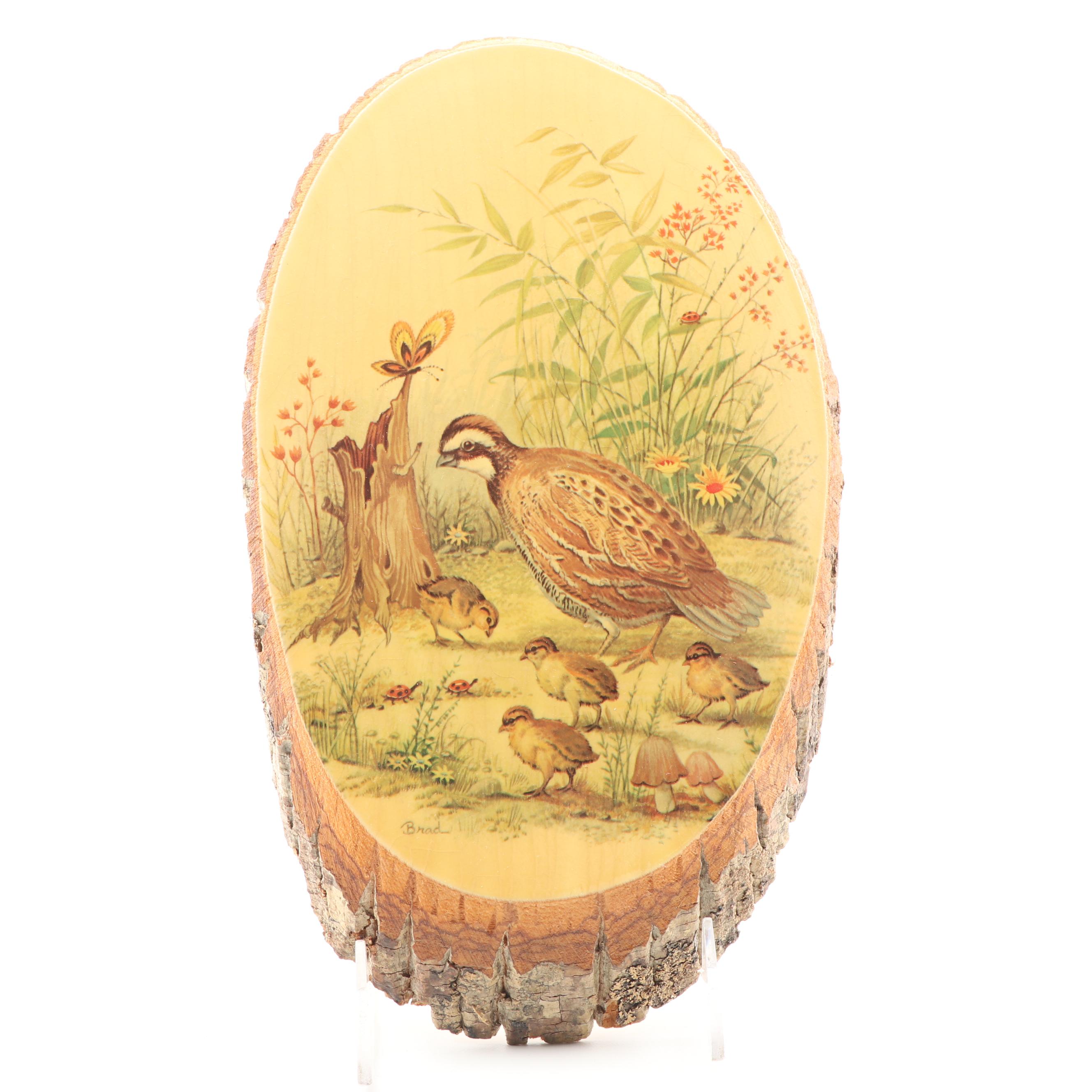 Chalkware Quail Figurines and Decorative Lacquered Wood Plaques with Prints