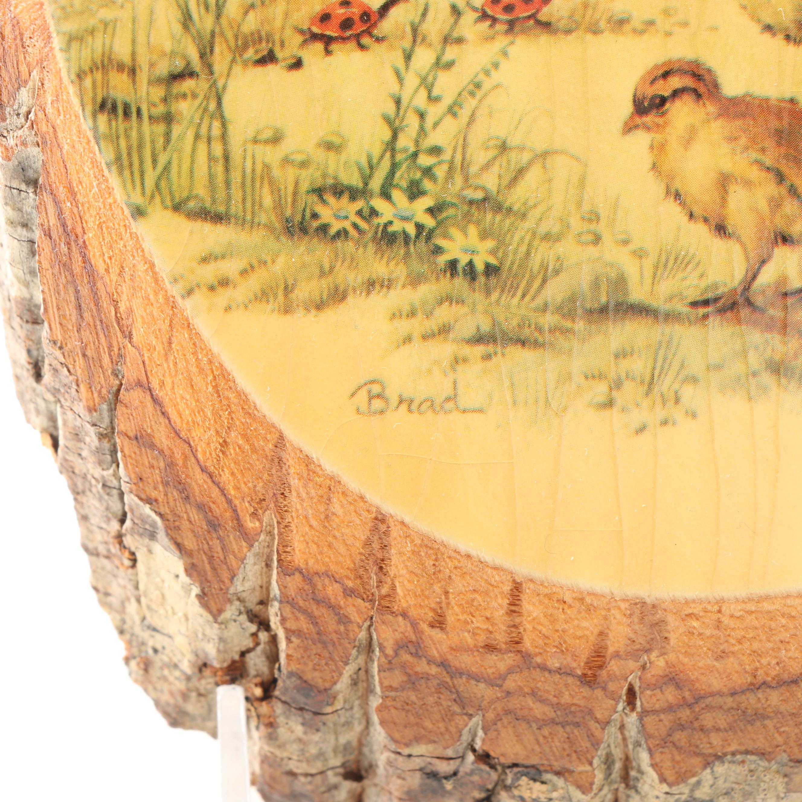 Chalkware Quail Figurines and Decorative Lacquered Wood Plaques with Prints