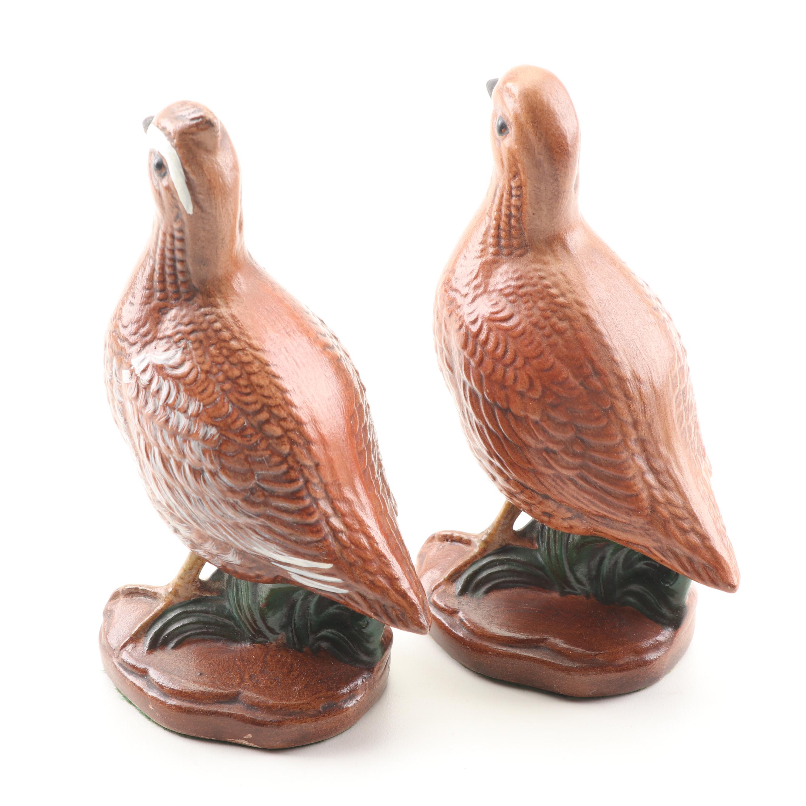 Chalkware Quail Figurines and Decorative Lacquered Wood Plaques with Prints