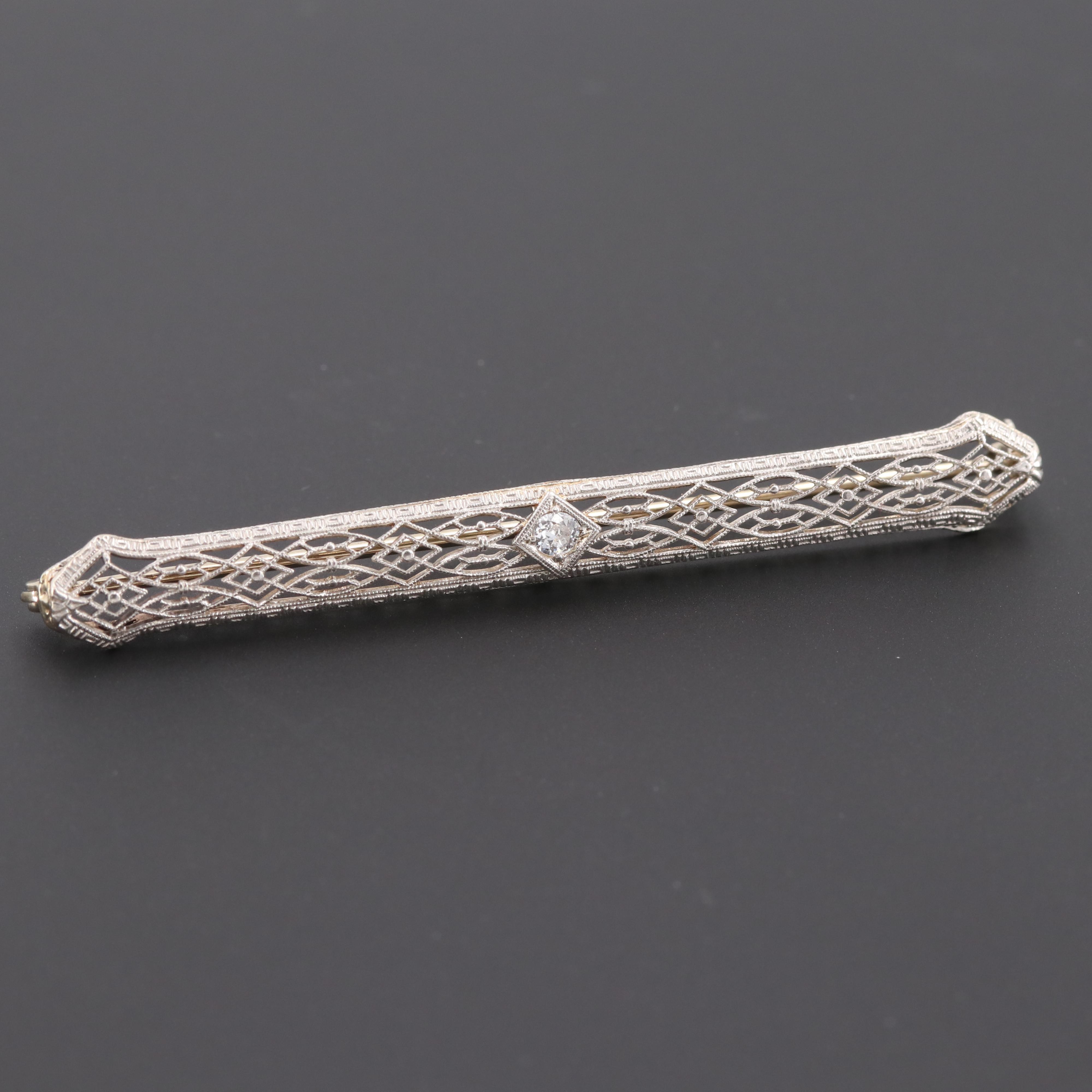 Edwardian Platinum and 14K White Gold Diamond Bar Brooch
