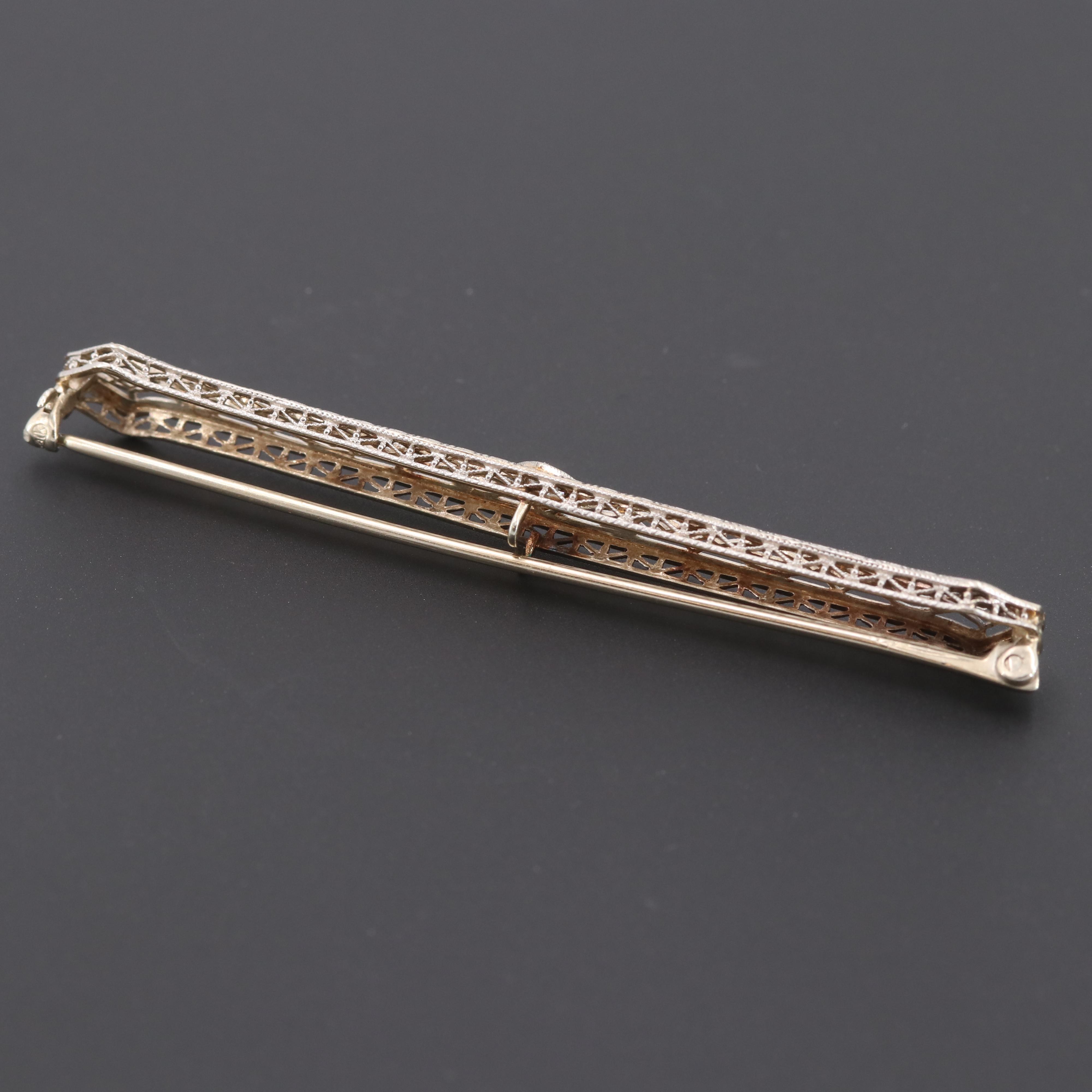 Edwardian Platinum and 14K White Gold Diamond Bar Brooch
