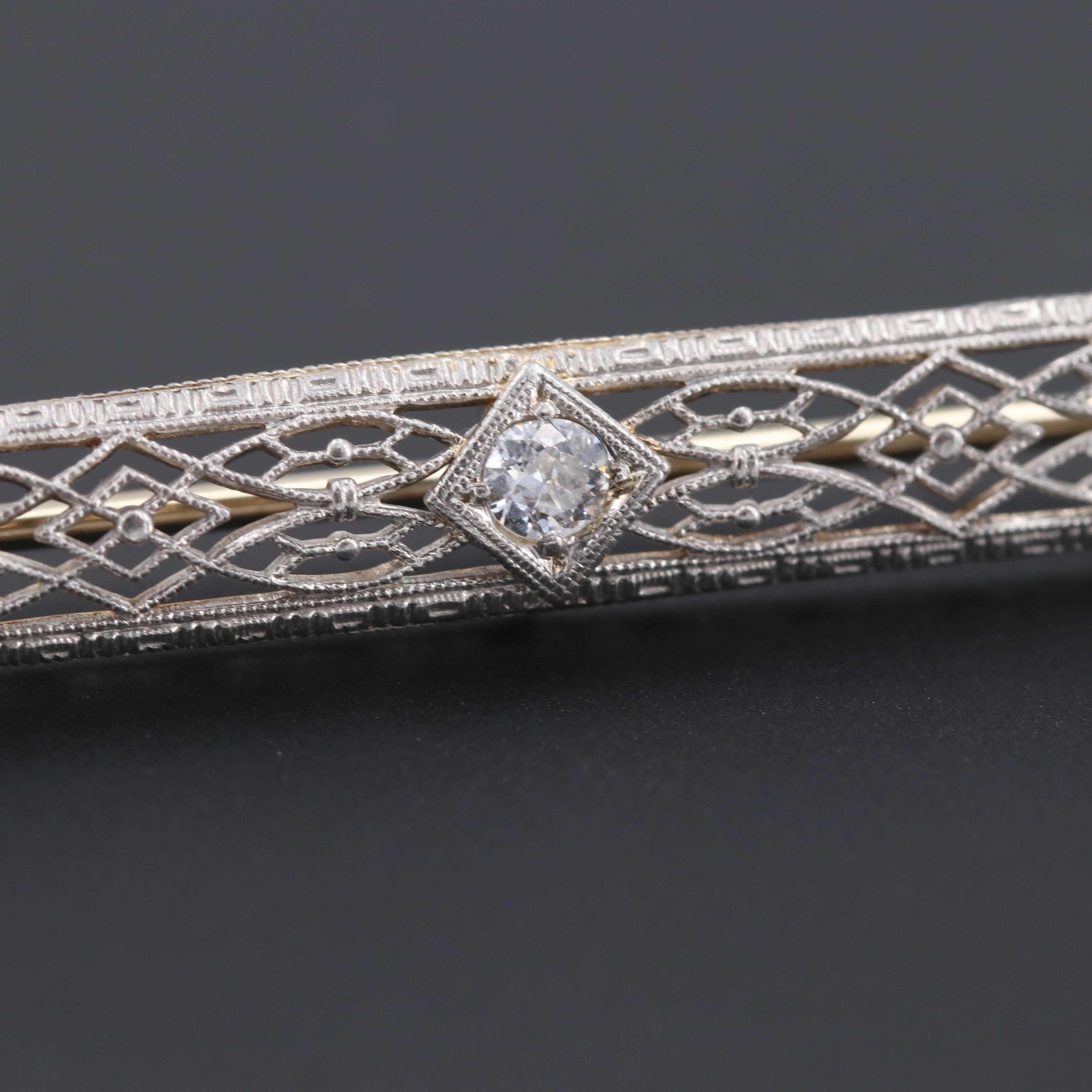 Edwardian Platinum and 14K White Gold Diamond Bar Brooch