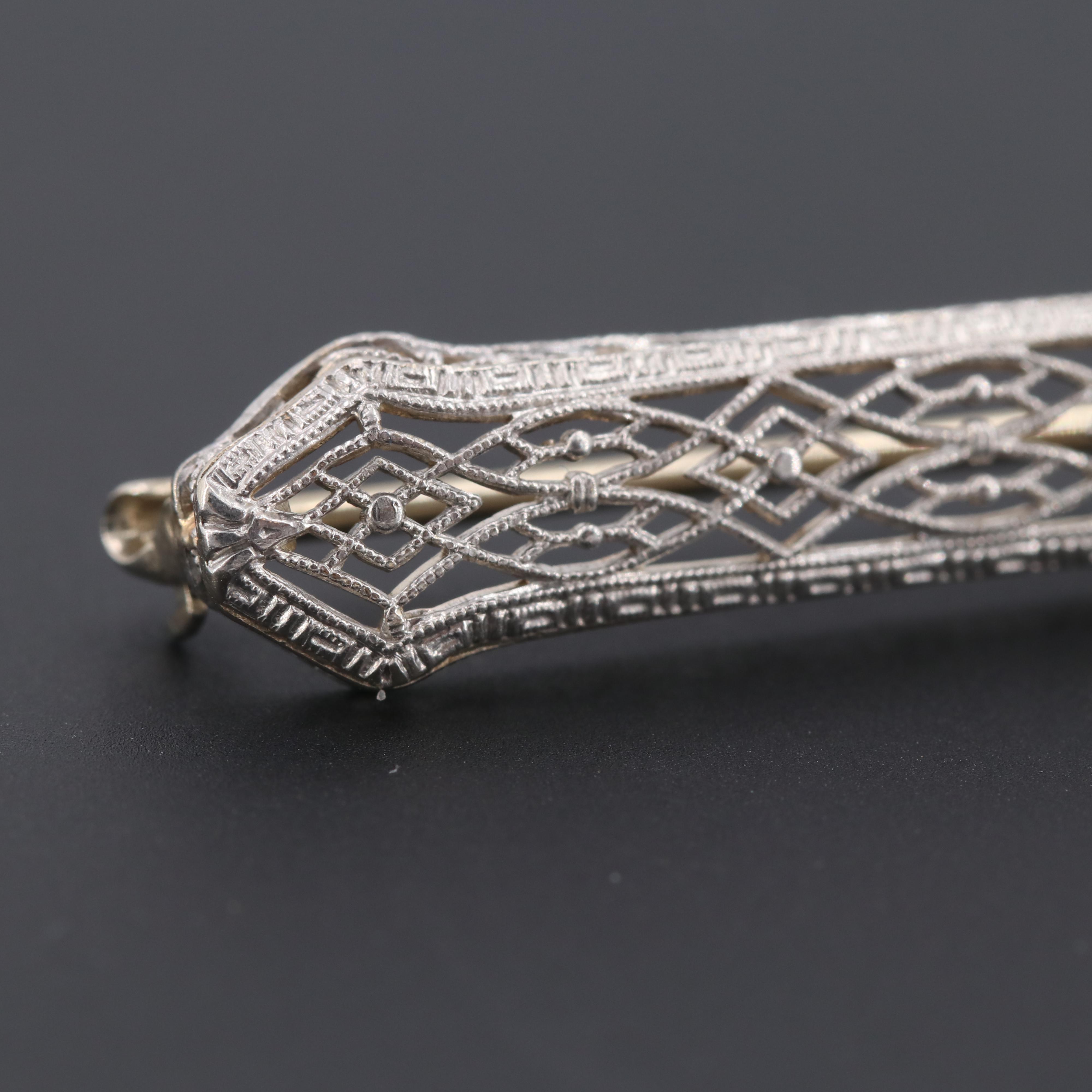 Edwardian Platinum and 14K White Gold Diamond Bar Brooch