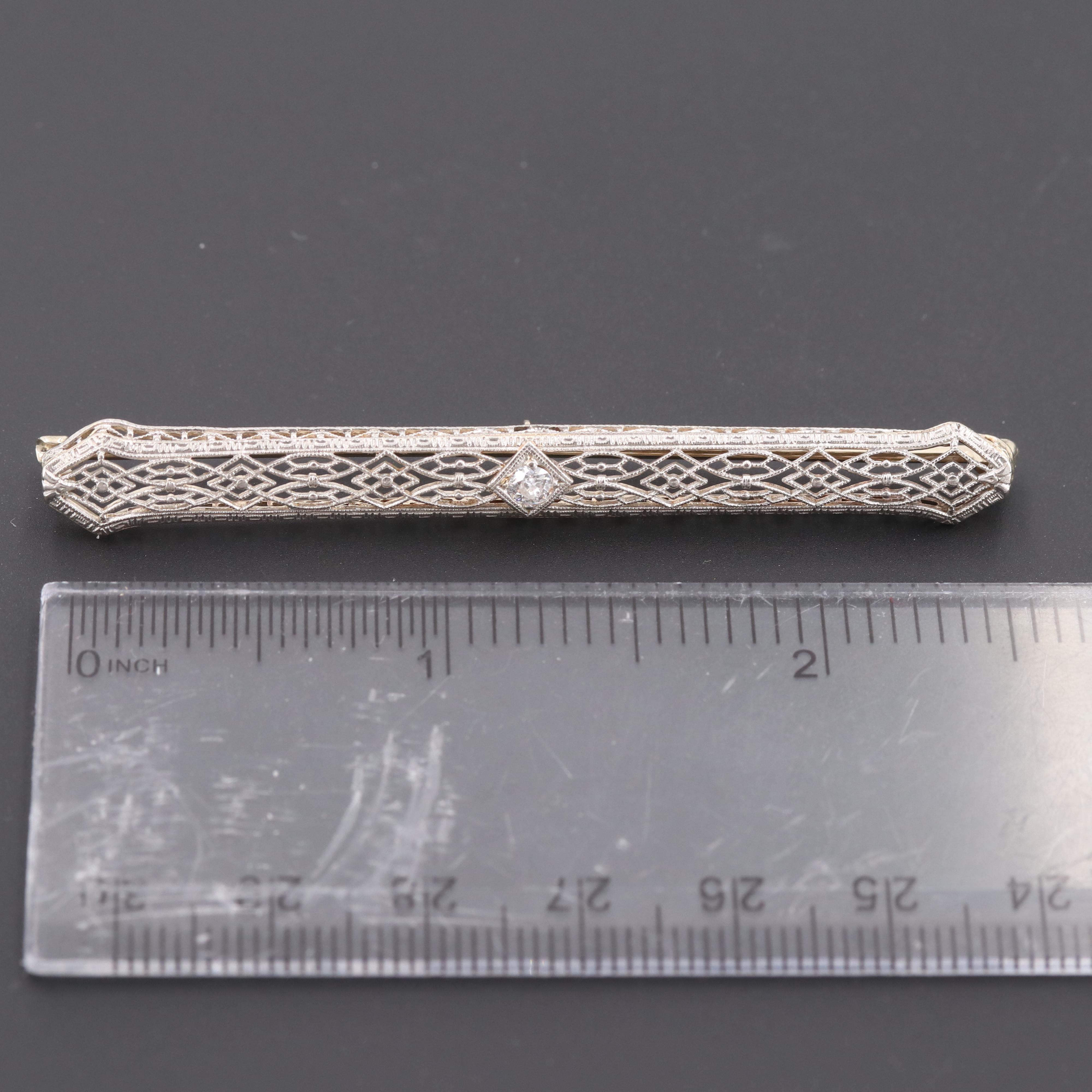 Edwardian Platinum and 14K White Gold Diamond Bar Brooch