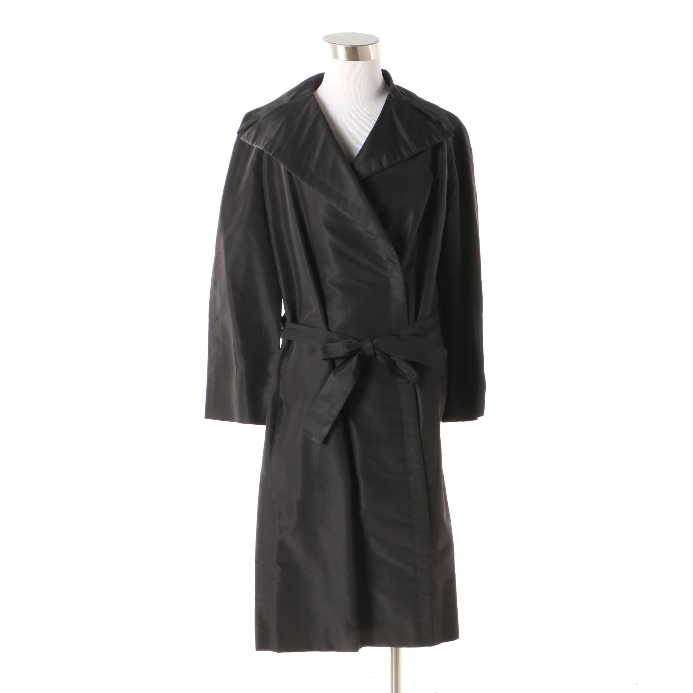 Pauline Trigère Black Polyester Rain Coat, Mid to Late 1950s Vintage Couture