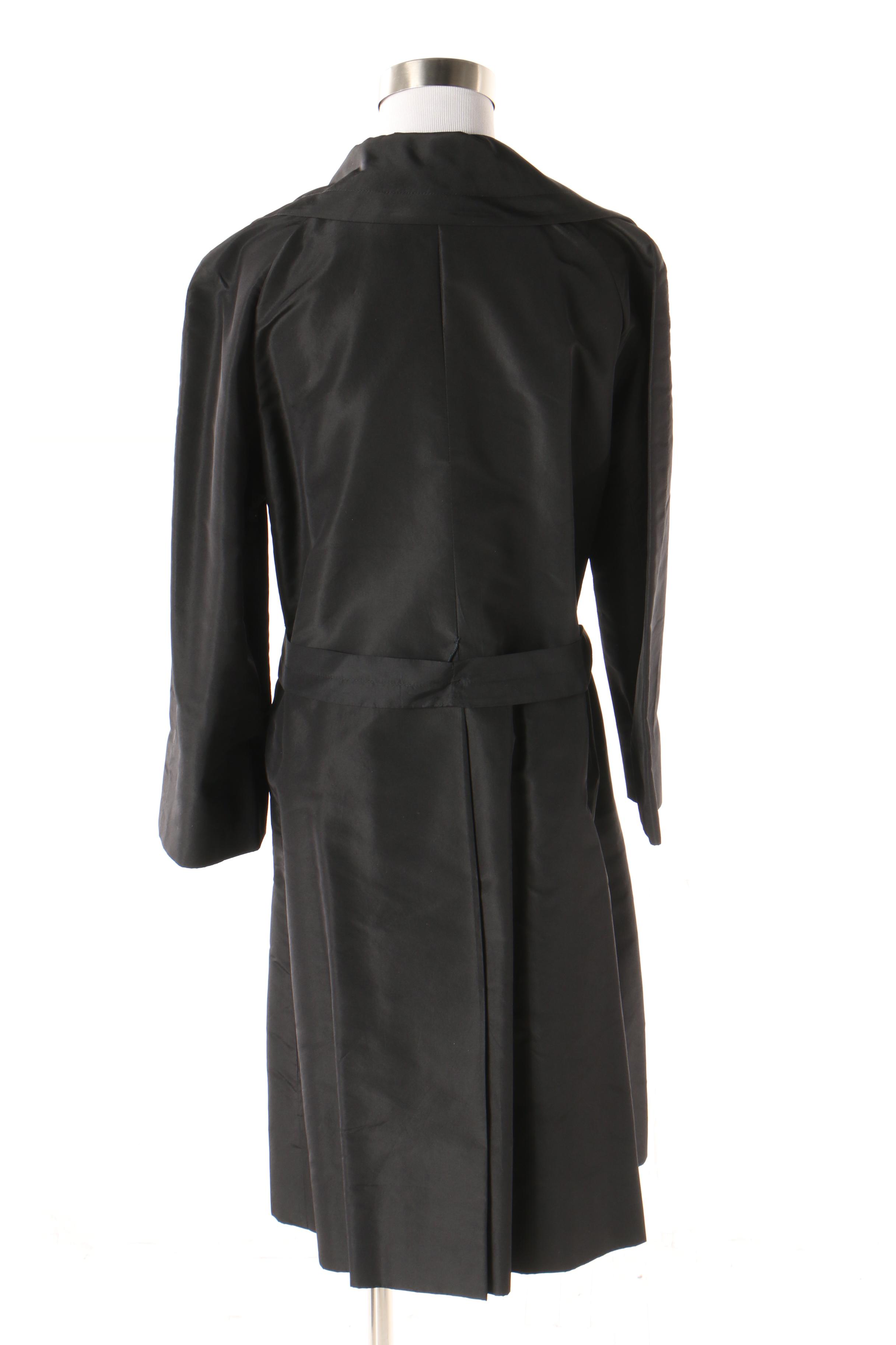 Pauline Trigère Black Polyester Rain Coat, Mid to Late 1950s Vintage Couture