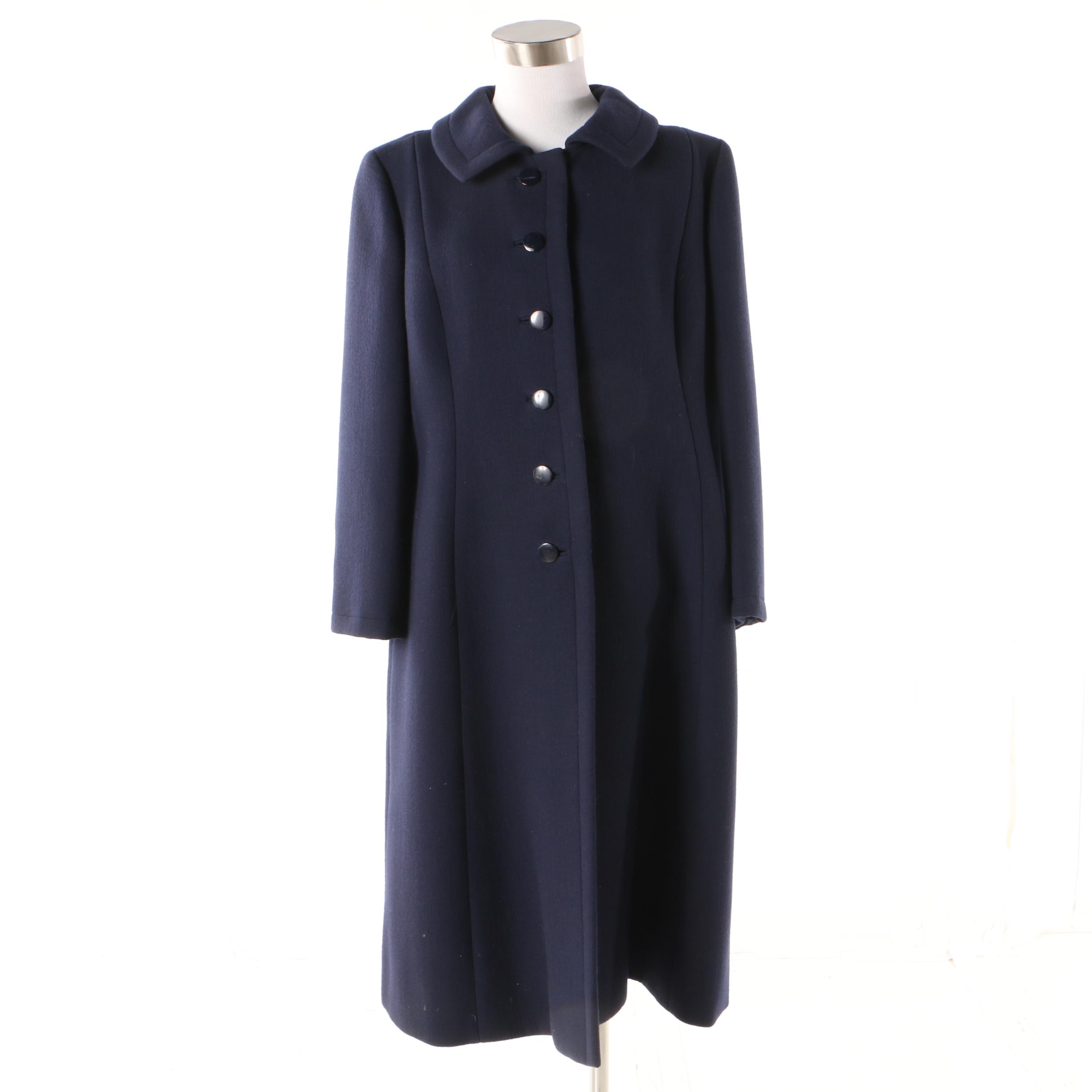 Pauline Trigère Navy Blue Wool Coat, Mid to Late 1950s Vintage Couture