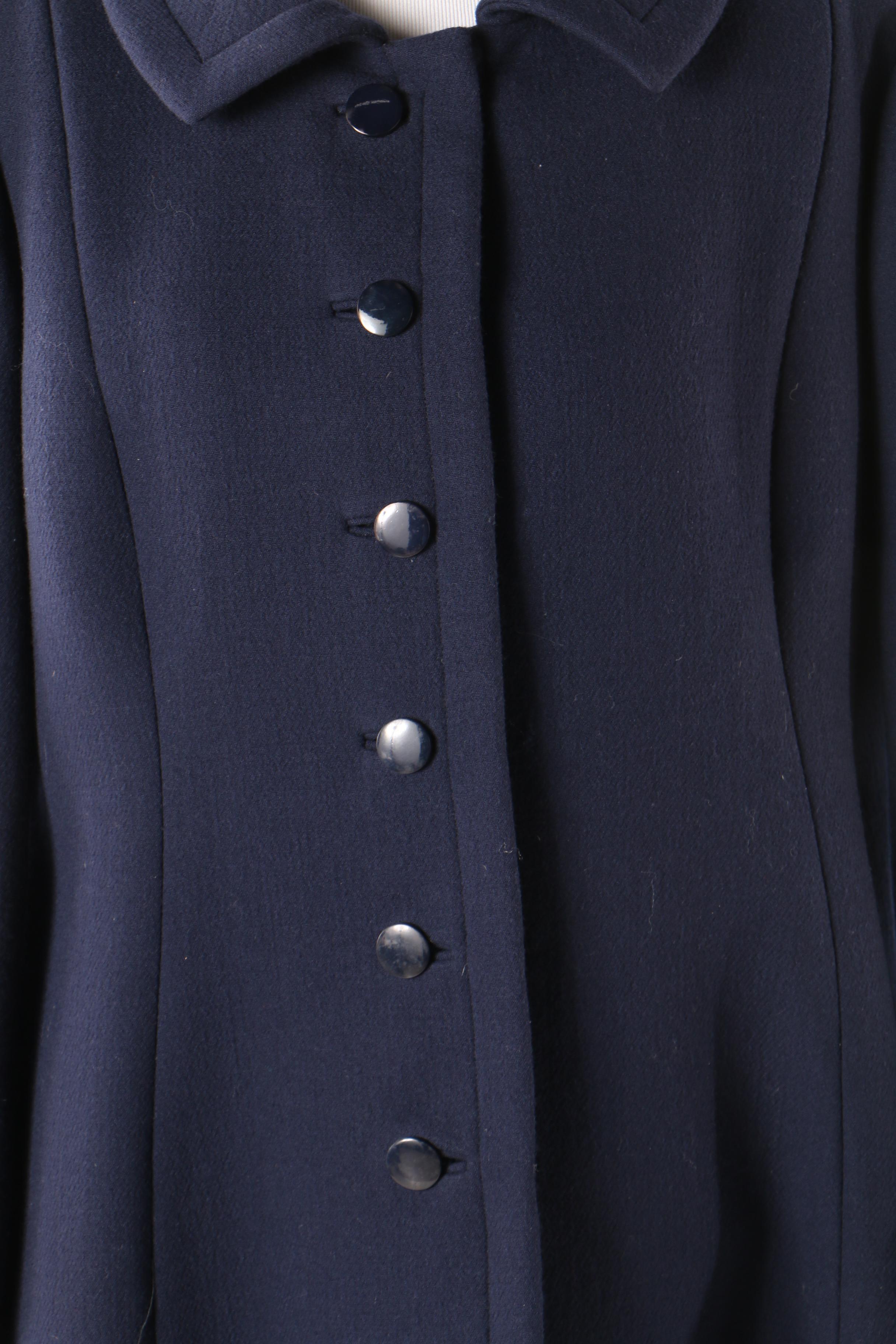 Pauline Trigère Navy Blue Wool Coat, Mid to Late 1950s Vintage Couture