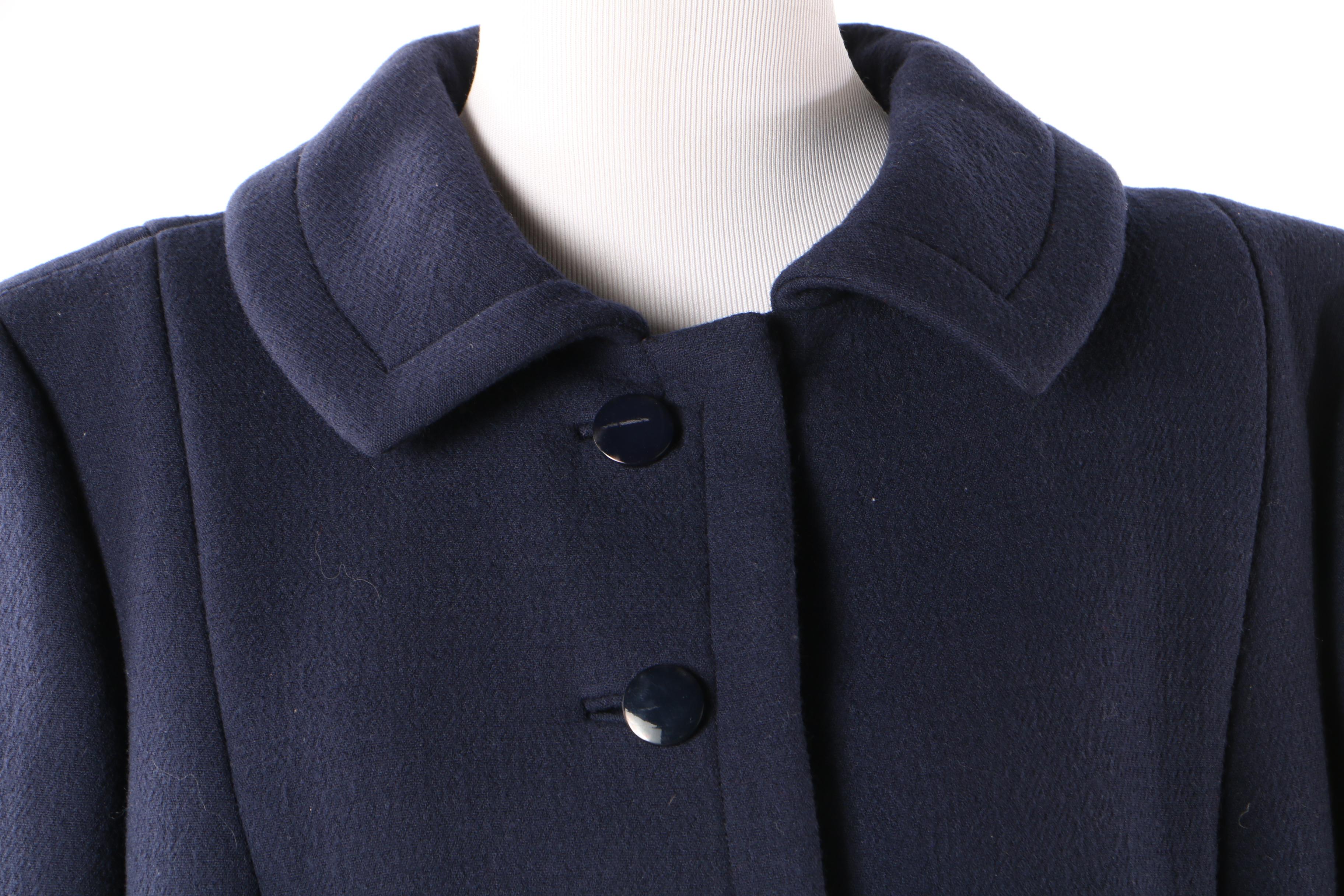 Pauline Trigère Navy Blue Wool Coat, Mid to Late 1950s Vintage Couture