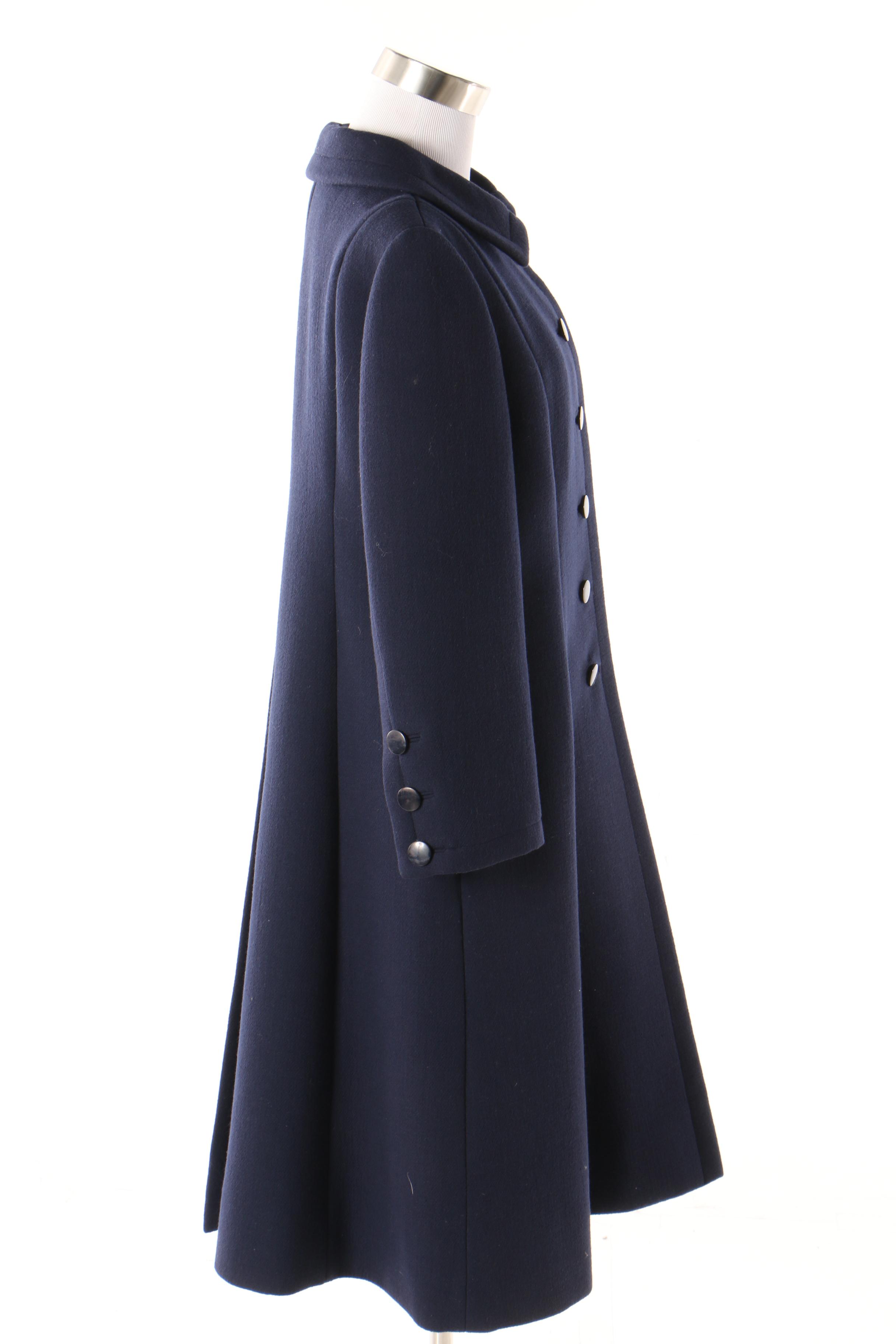 Pauline Trigère Navy Blue Wool Coat, Mid to Late 1950s Vintage Couture
