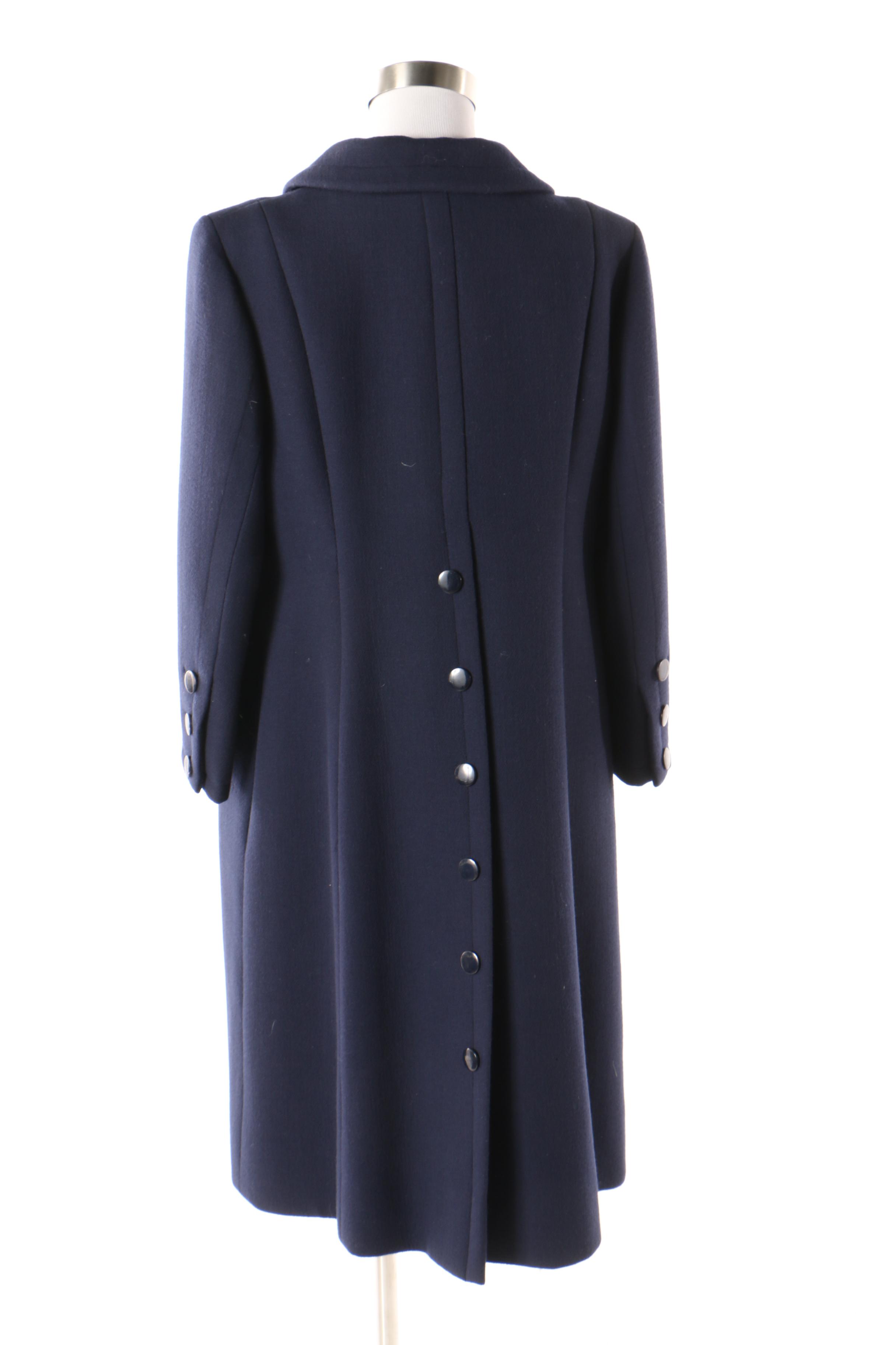 Pauline Trigère Navy Blue Wool Coat, Mid to Late 1950s Vintage Couture