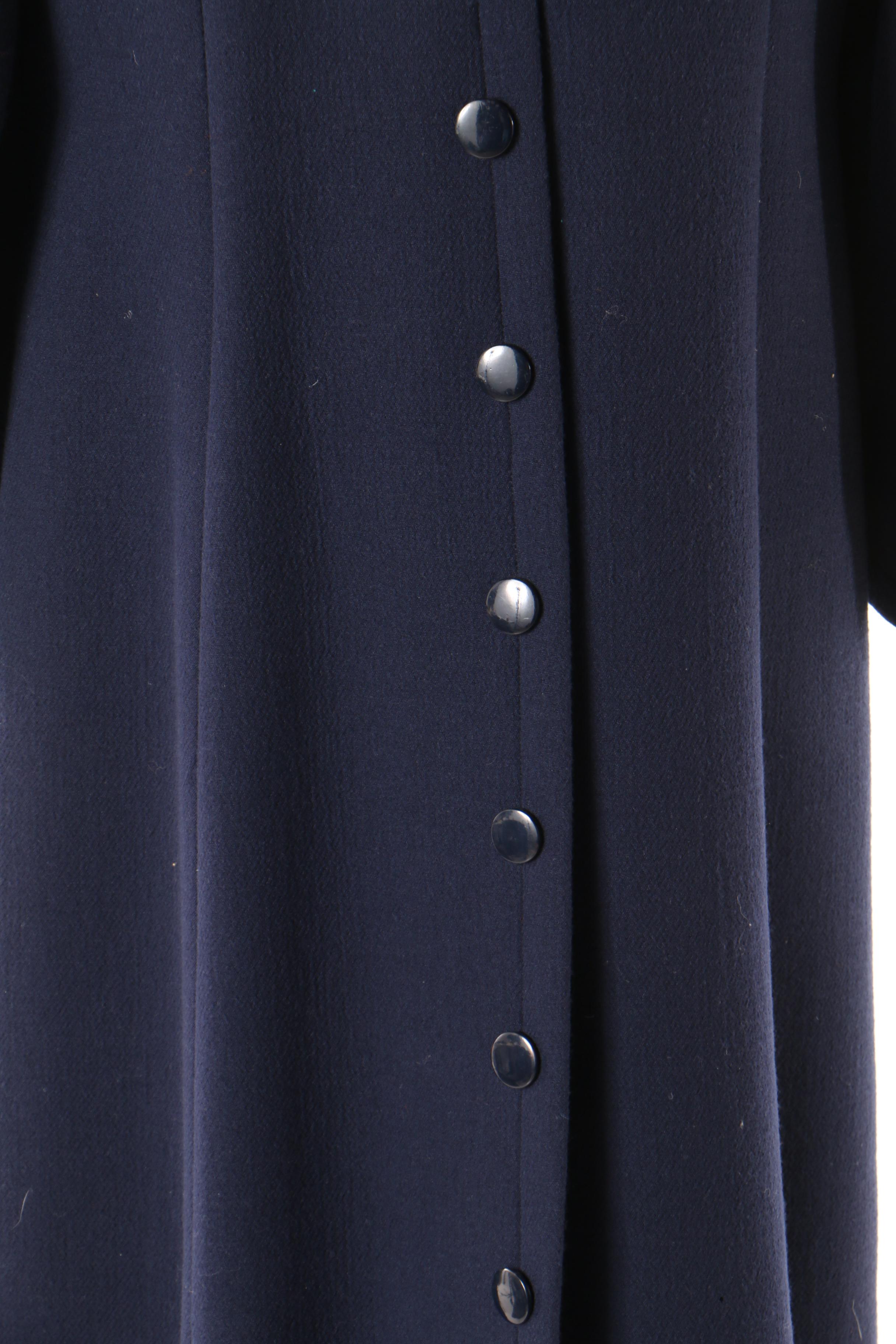 Pauline Trigère Navy Blue Wool Coat, Mid to Late 1950s Vintage Couture