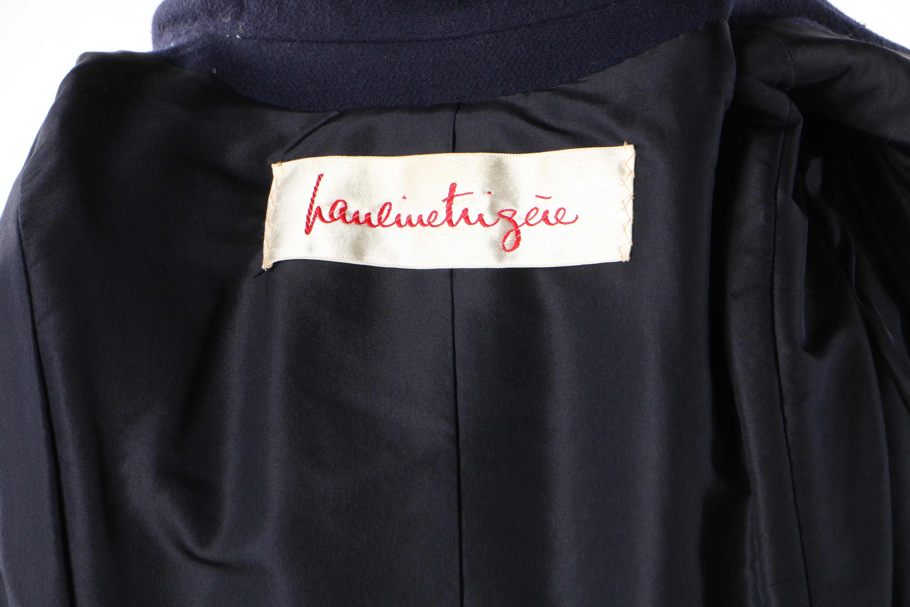 Pauline Trigère Navy Blue Wool Coat, Mid to Late 1950s Vintage Couture