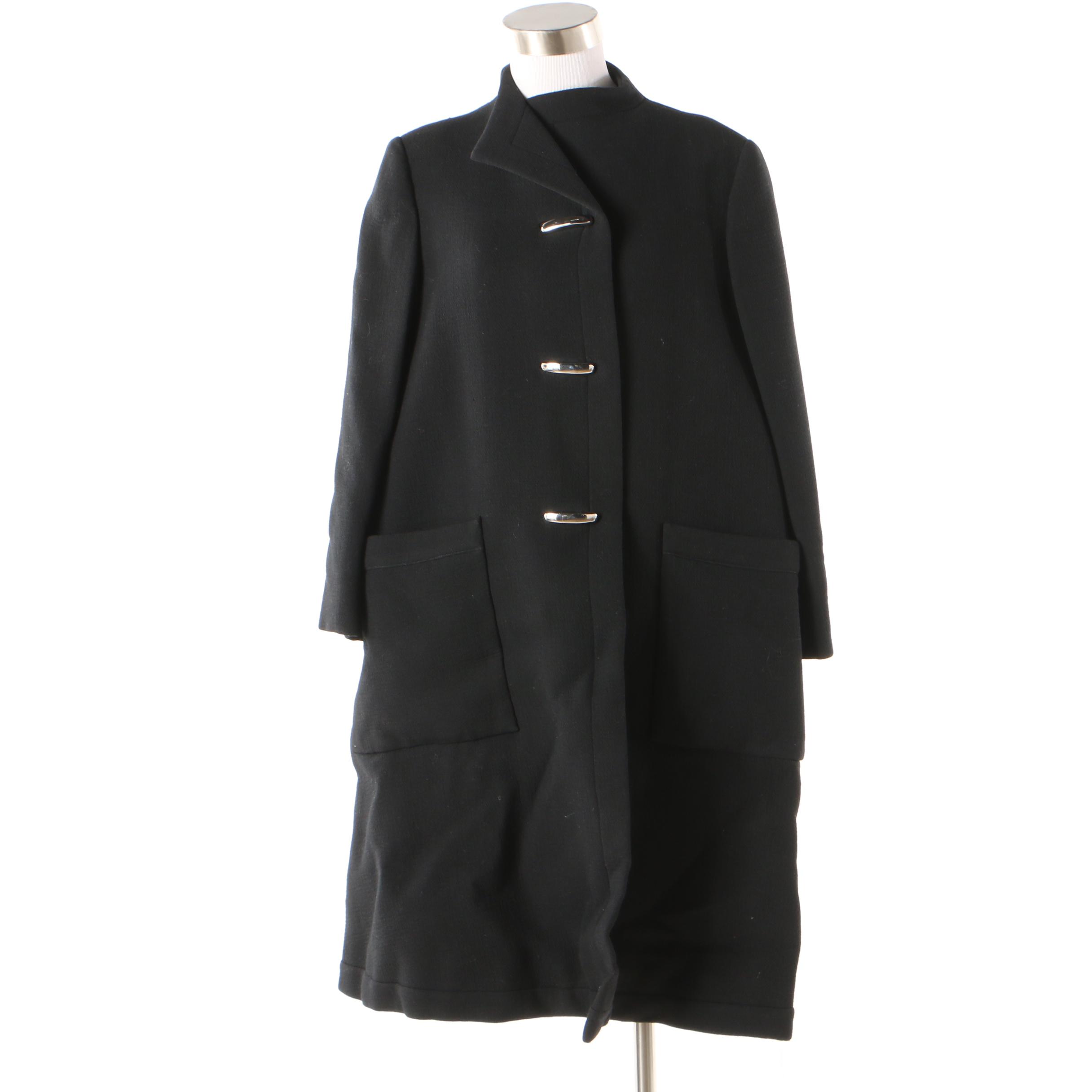 Pauline Trigère Black Wool Swing Coat, Mid to Late 1950s Vintage Couture