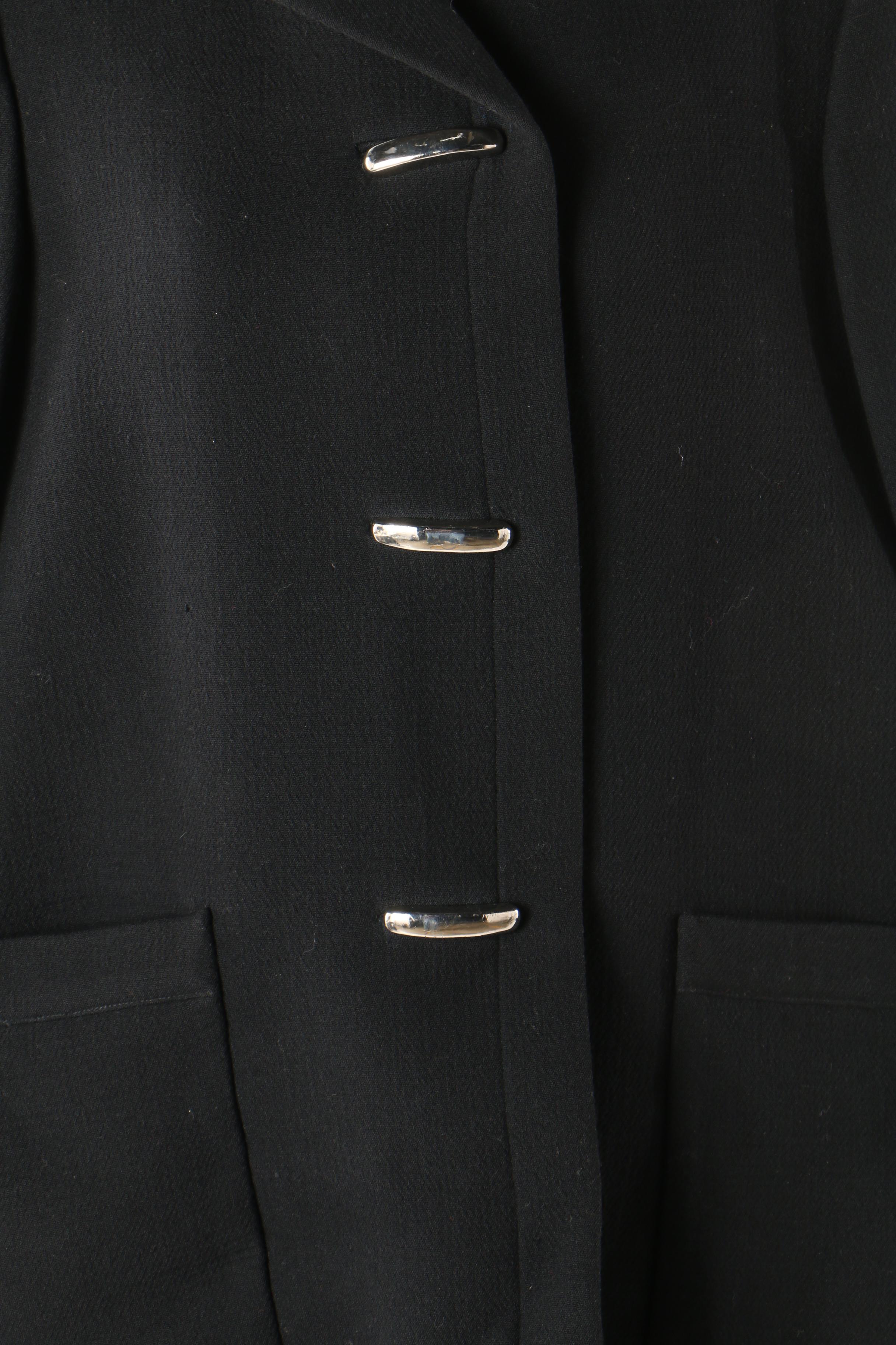 Pauline Trigère Black Wool Swing Coat, Mid to Late 1950s Vintage Couture