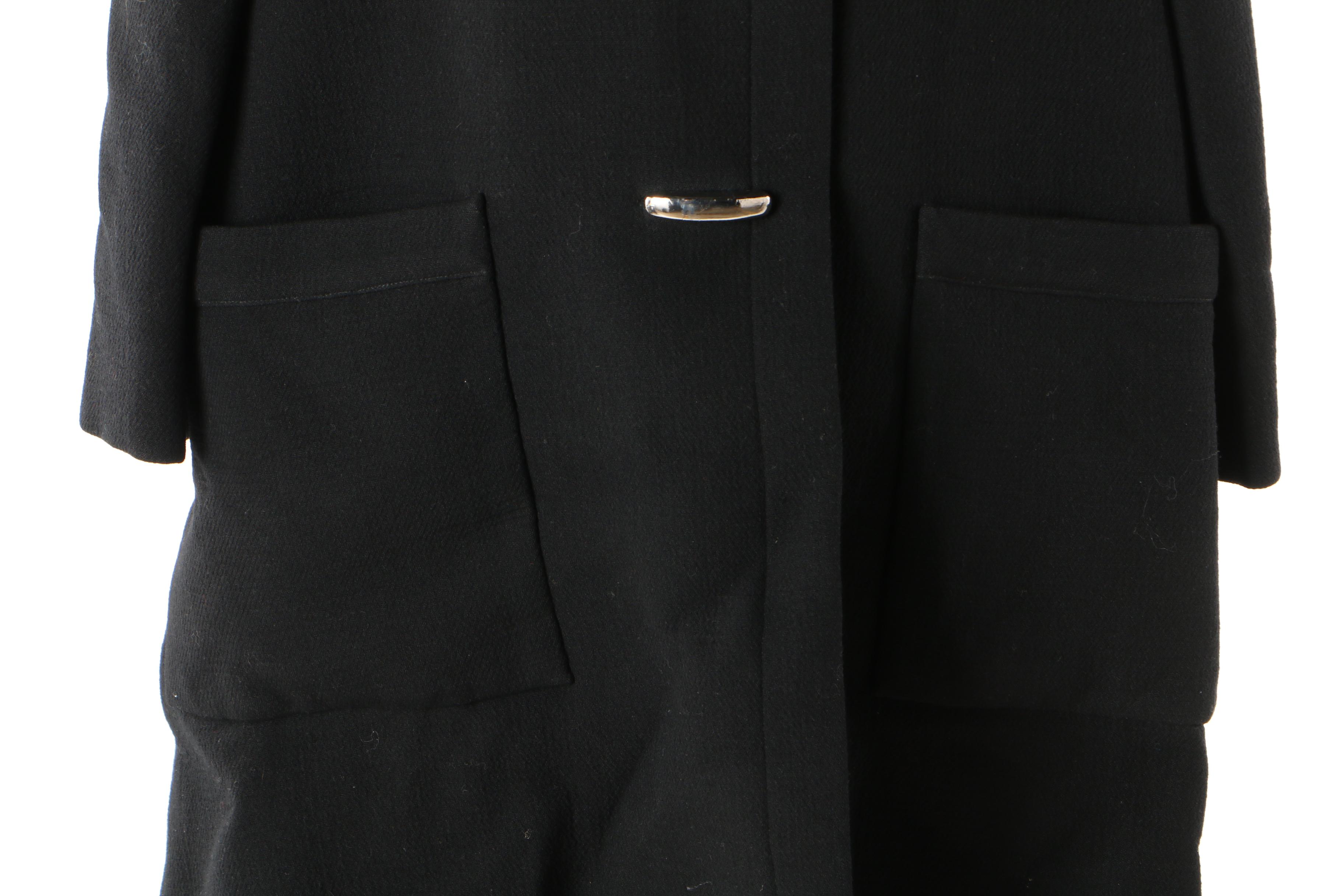 Pauline Trigère Black Wool Swing Coat, Mid to Late 1950s Vintage Couture