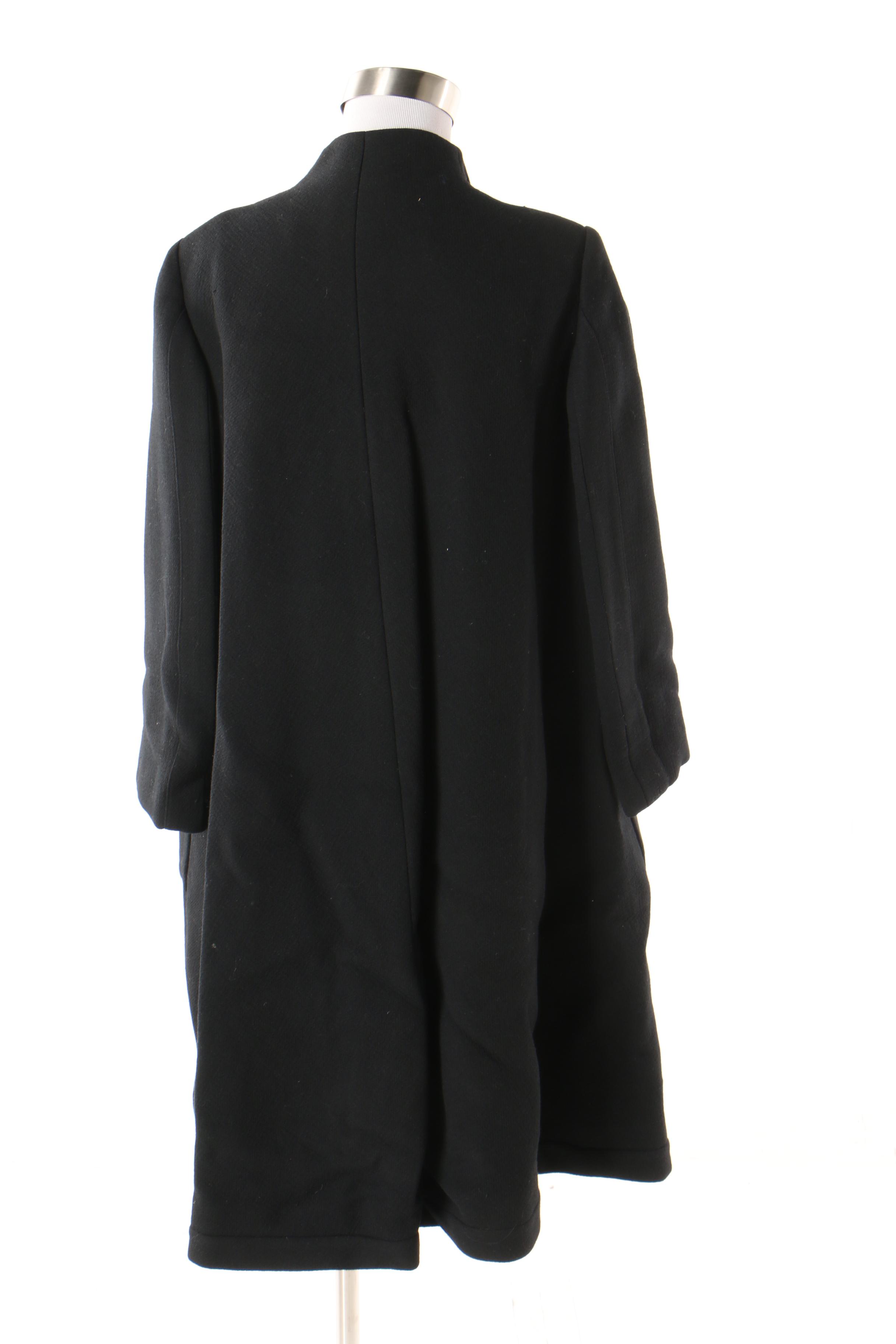 Pauline Trigère Black Wool Swing Coat, Mid to Late 1950s Vintage Couture