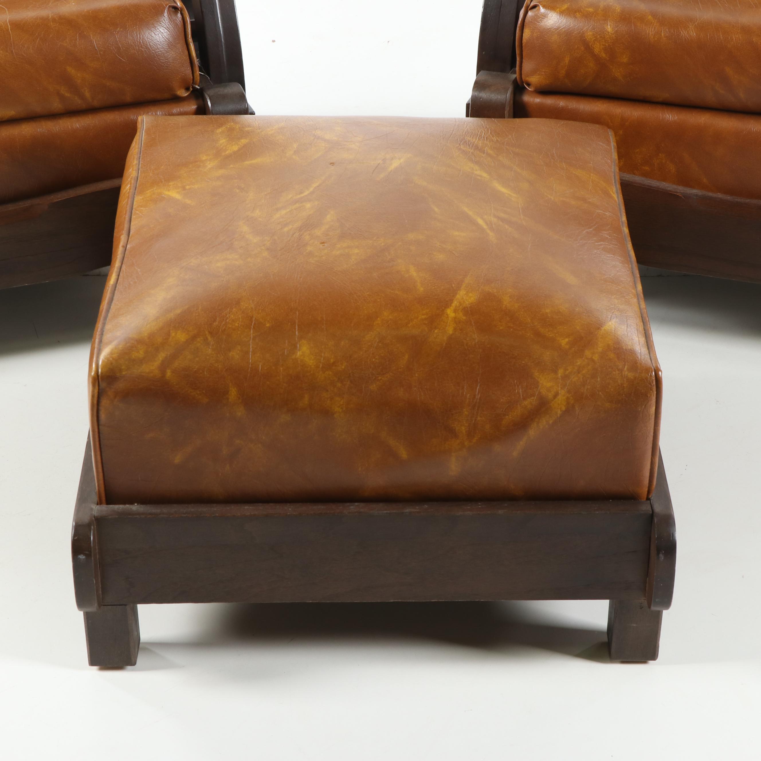 Wagon Wheel Motif Vinyl Upholstered Oak Armchairs with Ottoman, 20th Century