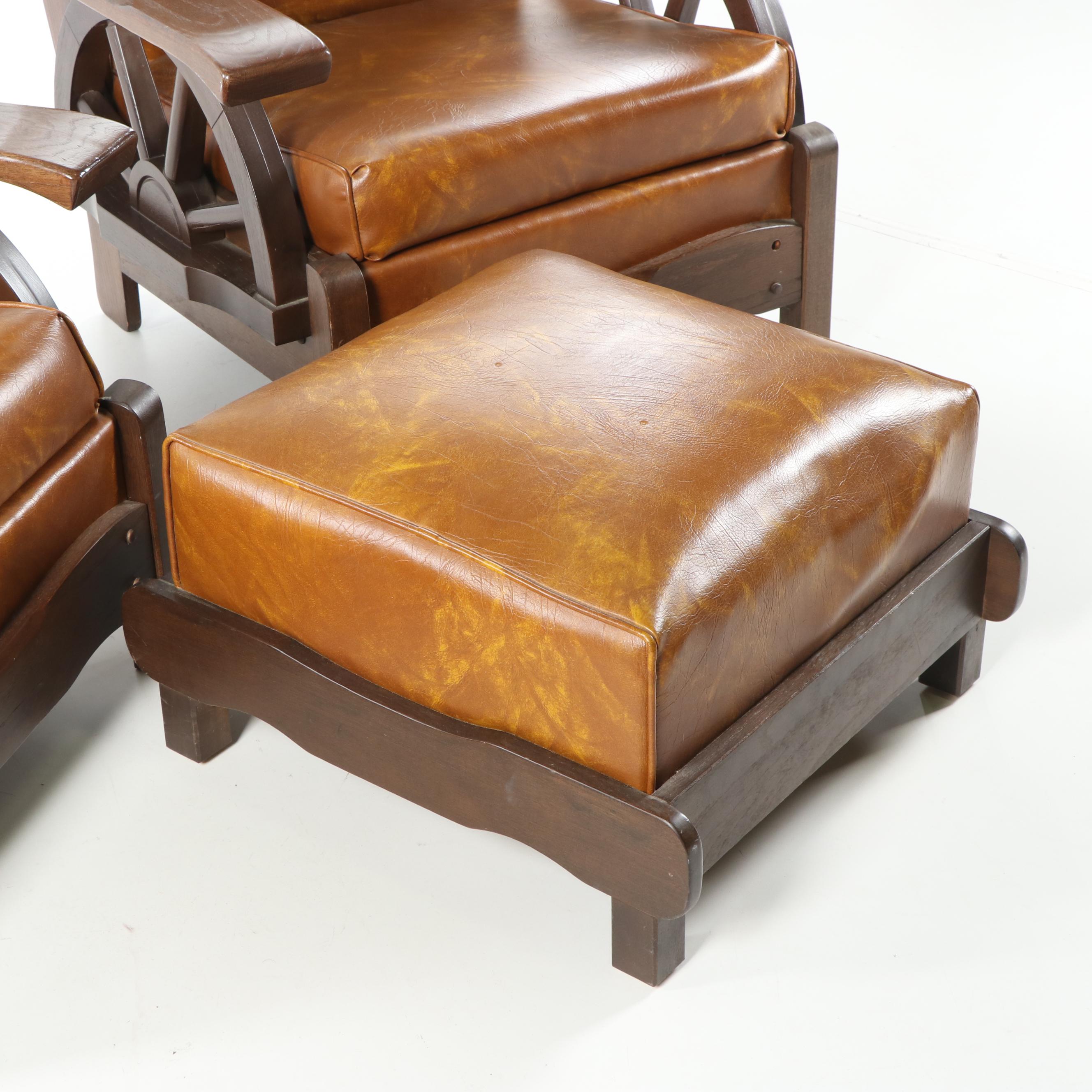 Wagon Wheel Motif Vinyl Upholstered Oak Armchairs with Ottoman, 20th Century