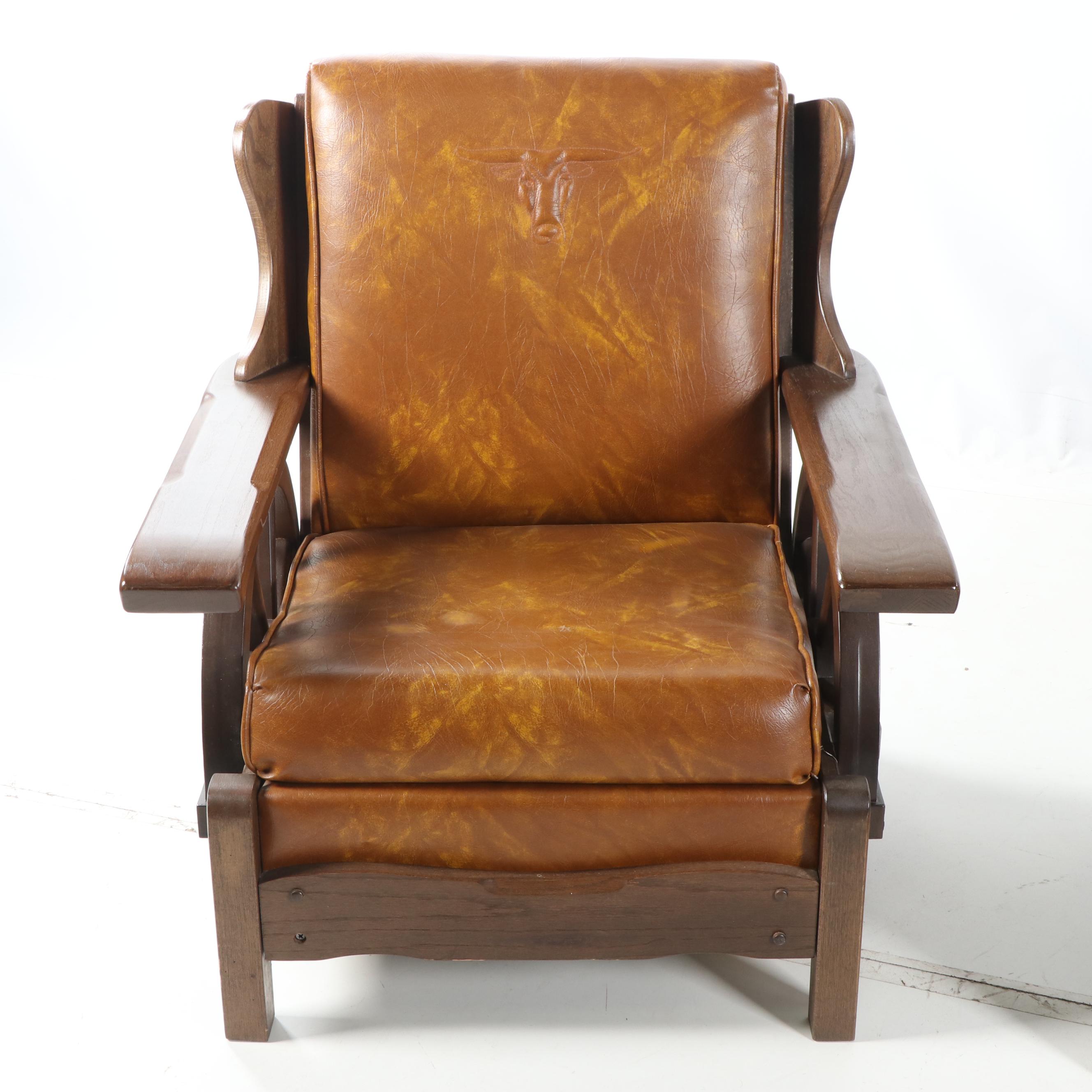 Wagon Wheel Motif Vinyl Upholstered Oak Armchairs with Ottoman, 20th Century